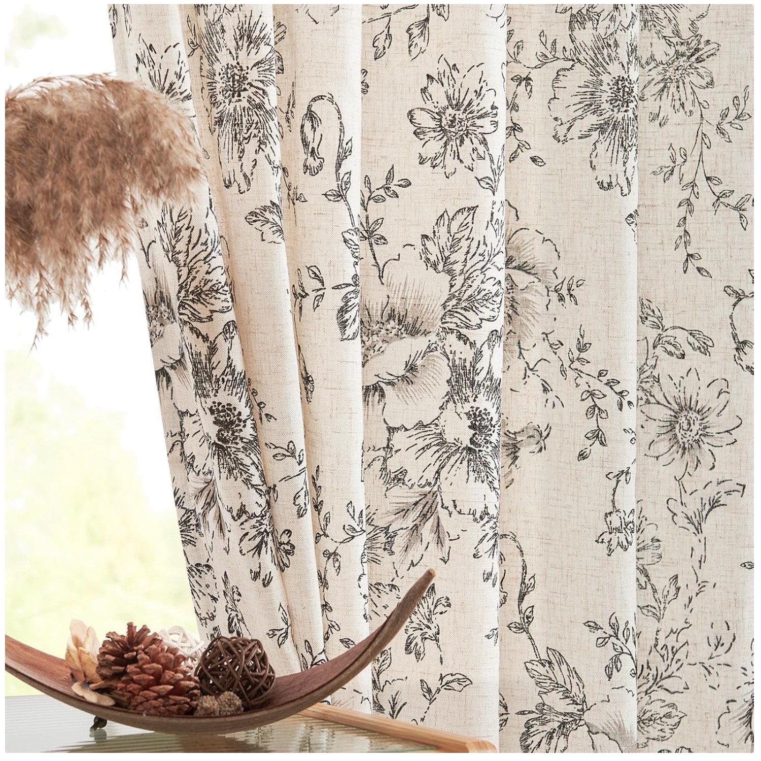Black Floral Linen Curtains 84″ Farmhouse 2 Panels