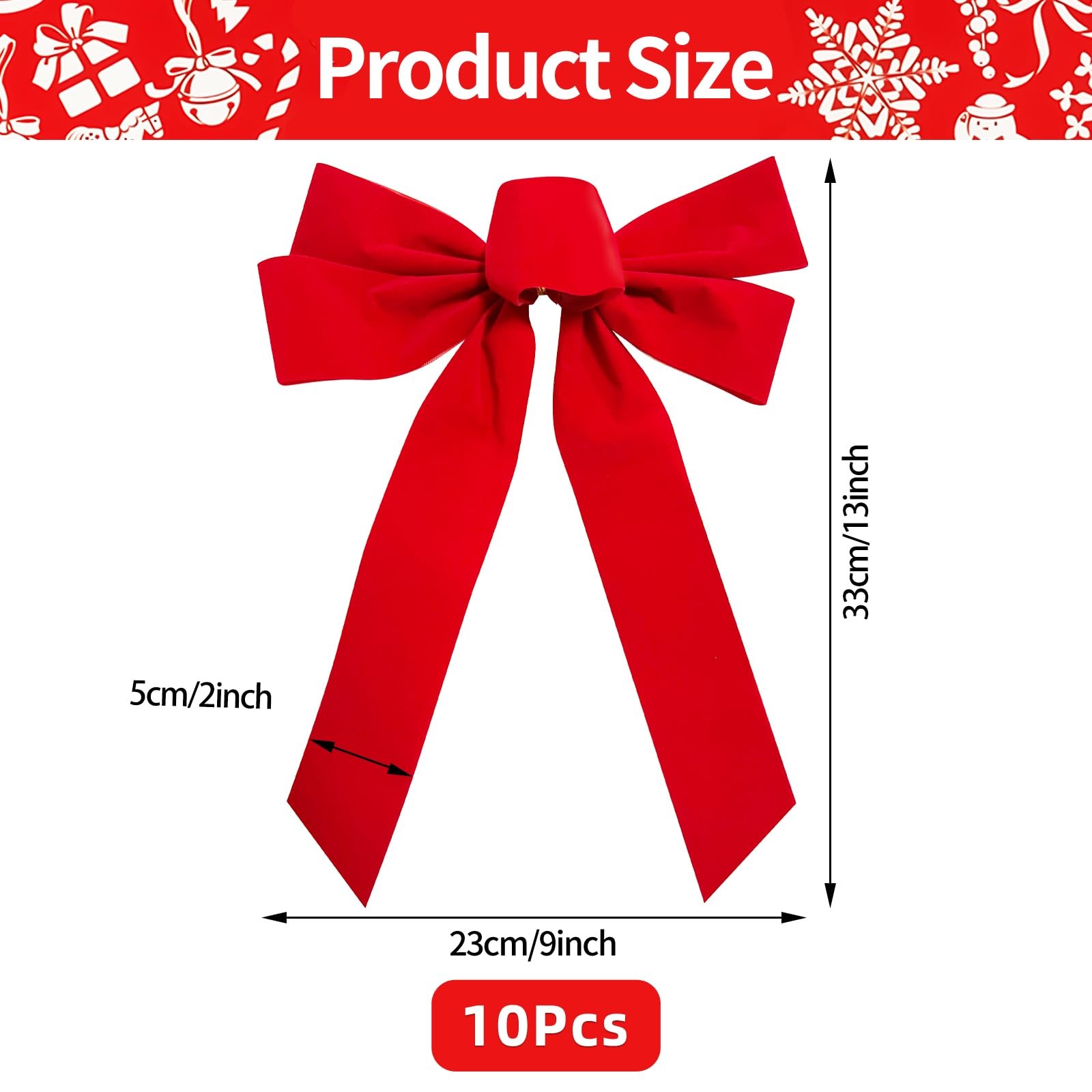 10 Pack Red Christmas Bows for Wreath Decorations, 9 x 13 Inches Large Velvet Bo
