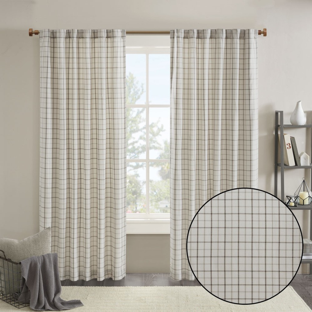 Plaid Rod Pocket and Back Tab Curtain Panel with Fleece Lining Natural 50×95″