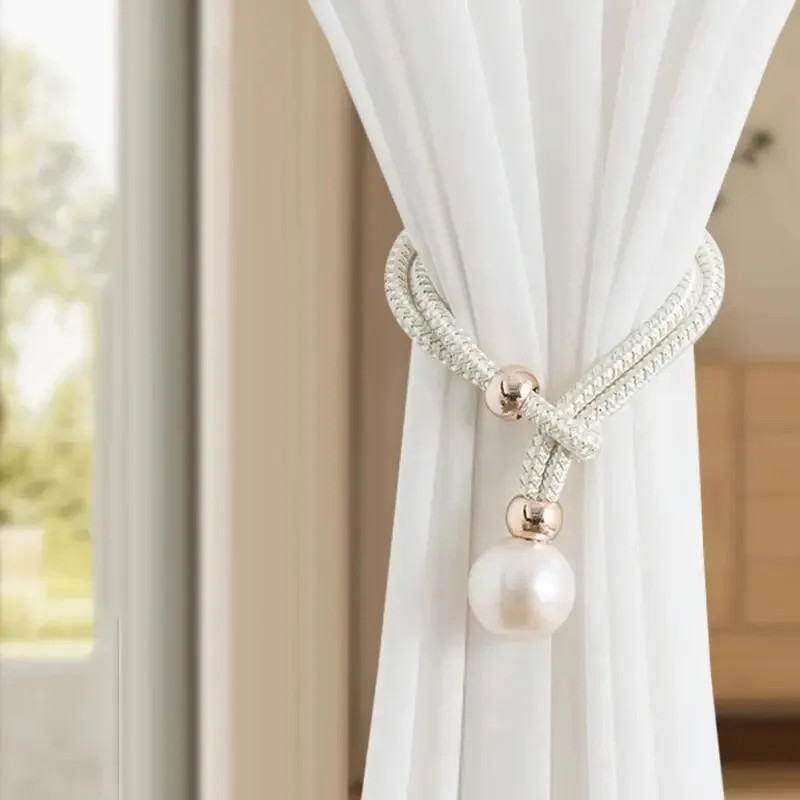 2 pieces No-hole curtain tiebacks, pull-style pearl tie cords, curtain fasteners