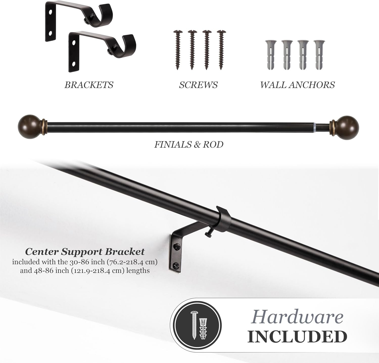 Chelsea Ball End Window Curtain Rod, Adjustable 28-48 Inch Extendable Rod Set, O