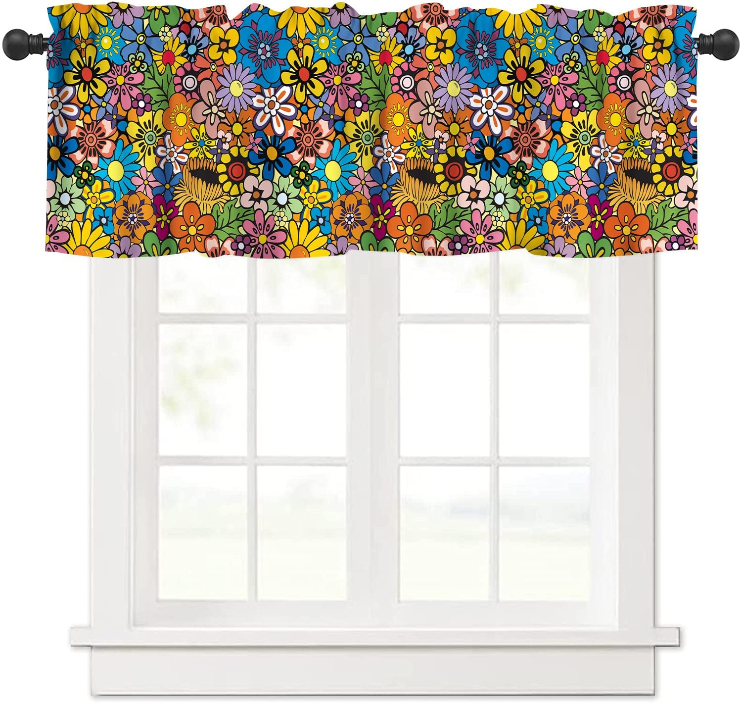 Vintage 70s Floral Valance Curtains Bohemian Hippie Floral Modern Art Rod Poc…