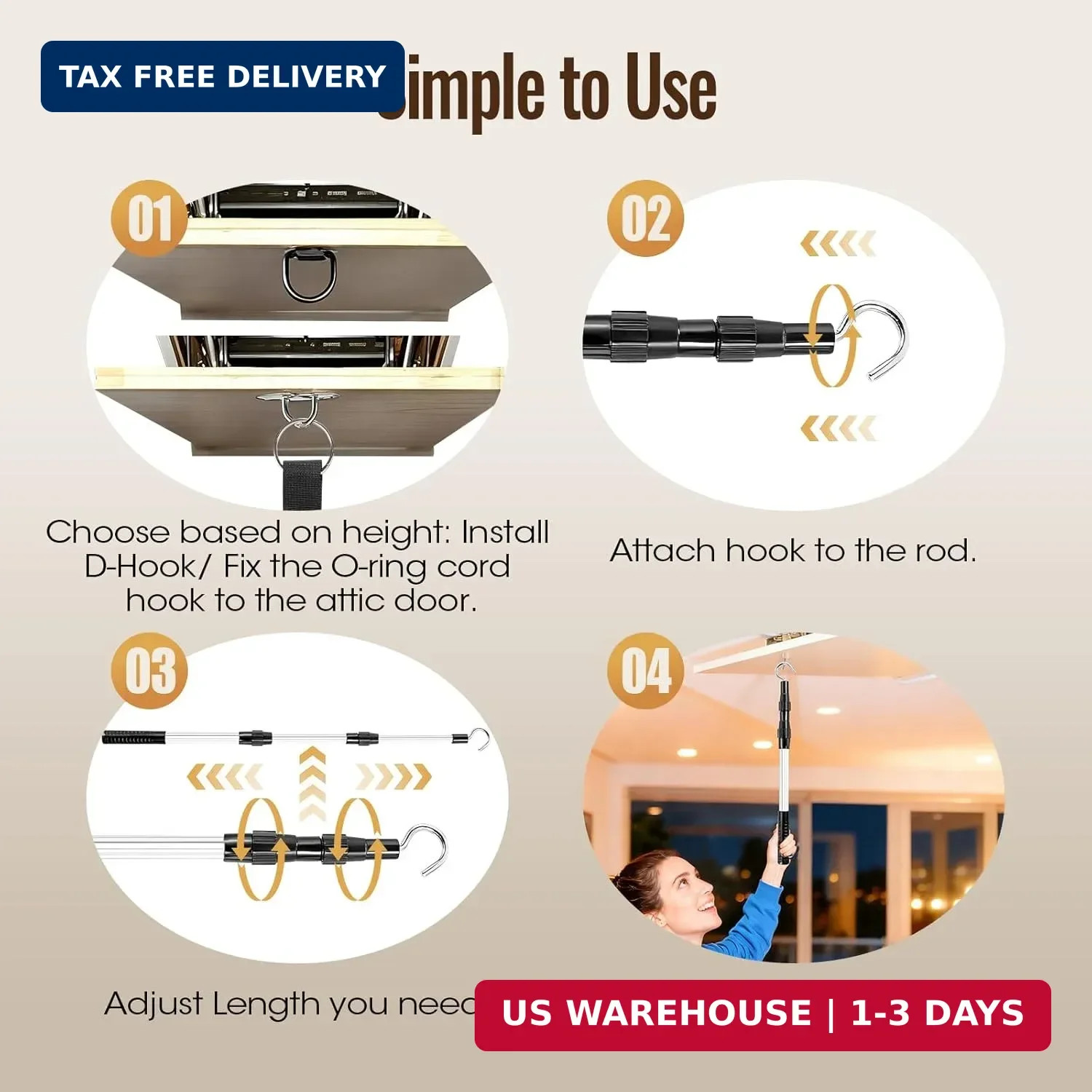 Huazu Attic Pull Down Hook, Extendable Attic Door Pull Rod up to 40″, D-Ring Lad