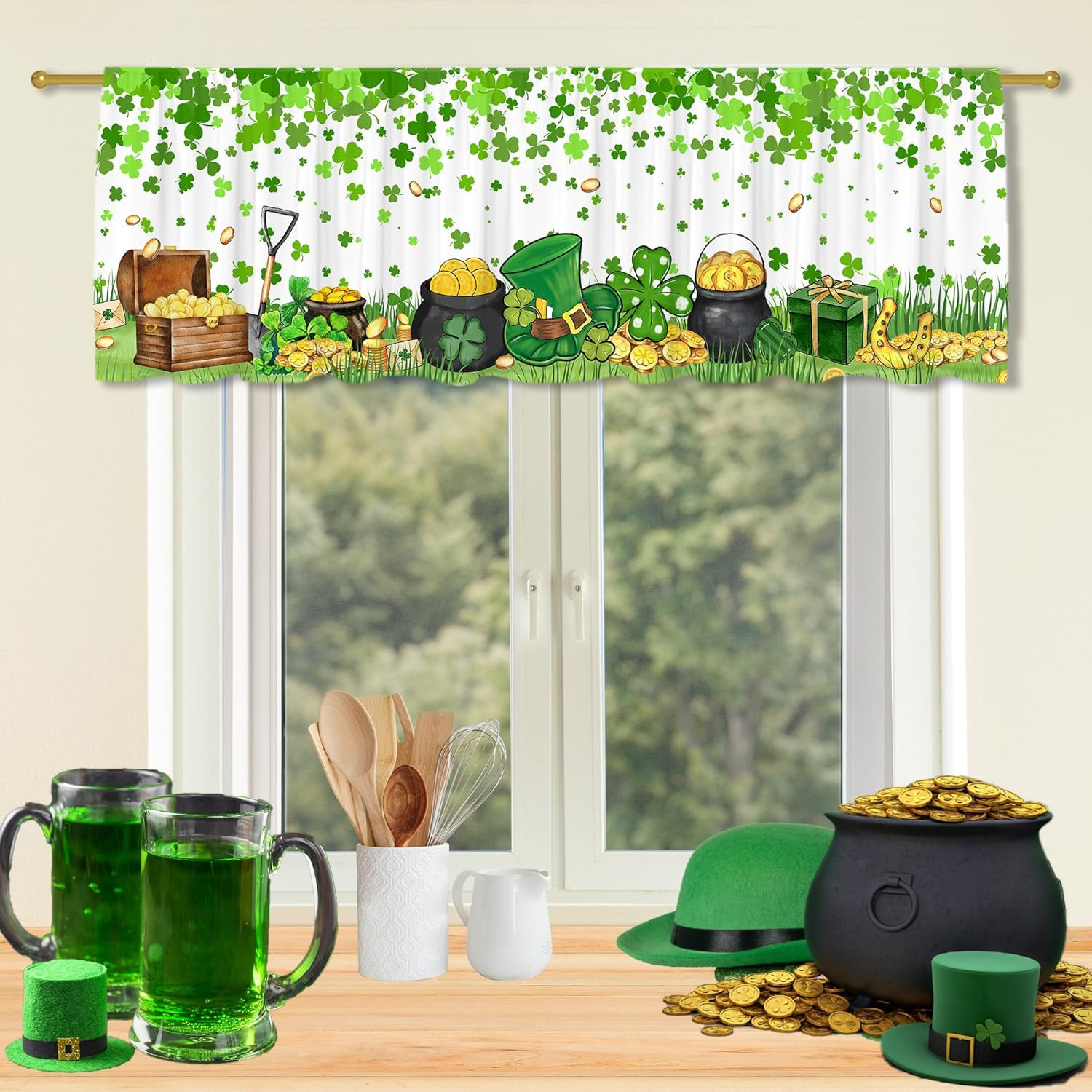 St. Patrick’s Day Shamrock Valance Curtain for Home Decor 18″ x 54