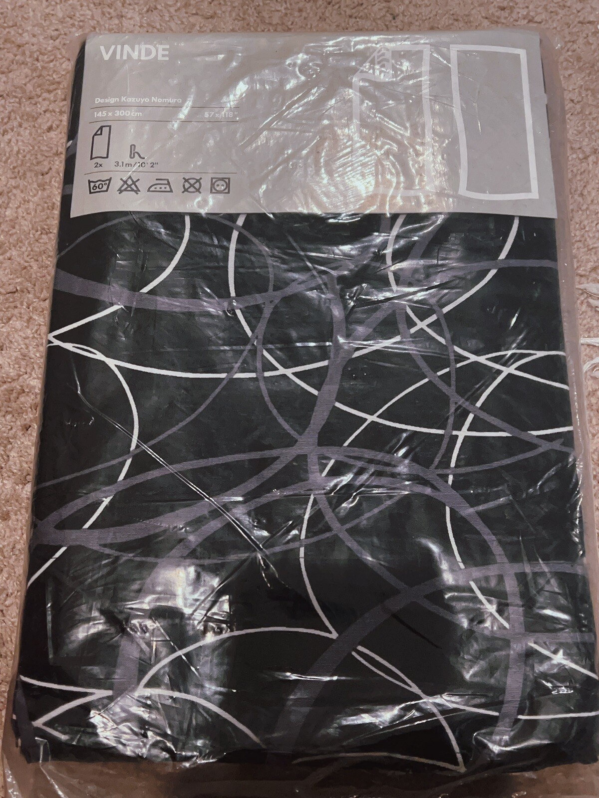 Ikea Vinde Drapes Curtains New Designed By Kazuyo Nomura. Black W/ White 57×118”