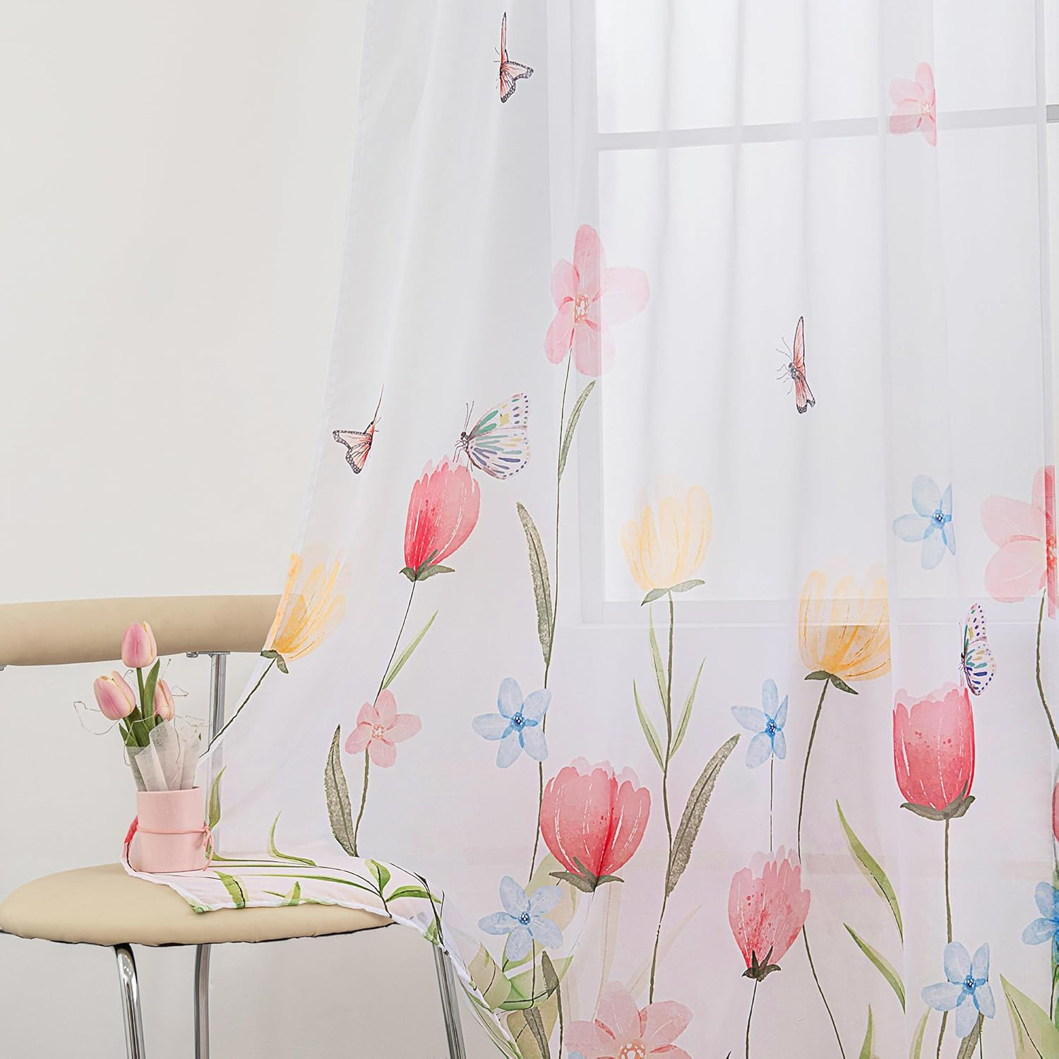 Floral Sheer Curtains 63 Inch Long 2 Panels Butterfly Flower Print Voile Drapes