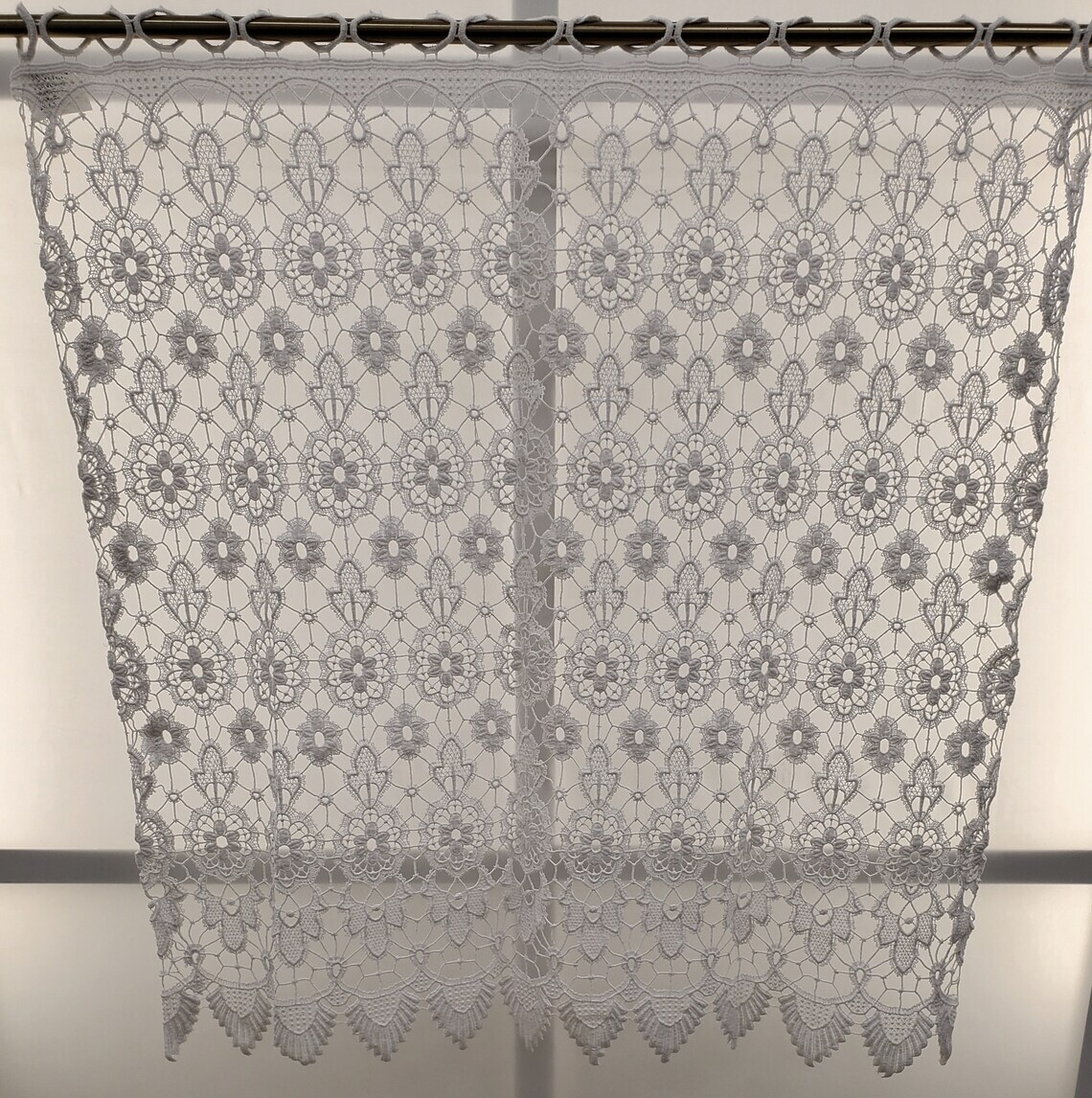 Macramé Medallion Loops and Scalloped Bottom Hem White Curtain Tier or Valance
