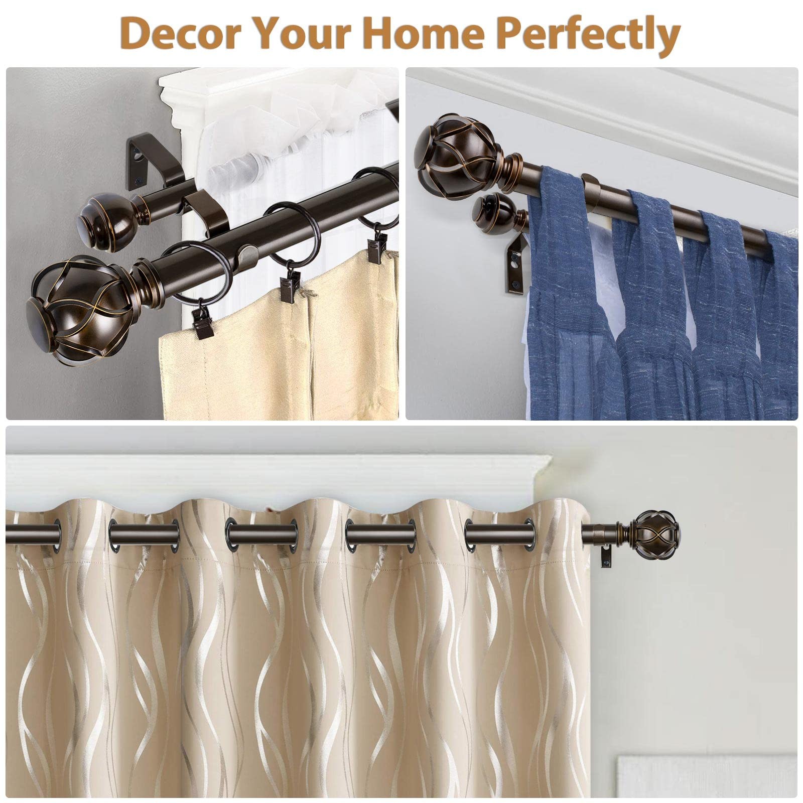 KAMANINA 1 Inch Double Curtain Rods 72 to 144 Inches 72-144″, Antique Bronze