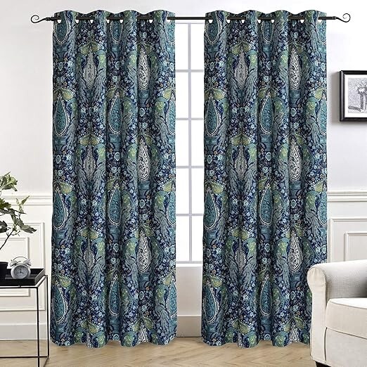 Blue Teal Paisley Curtains for Bedroom 84 Inch Room Darkening Blackout Grommet