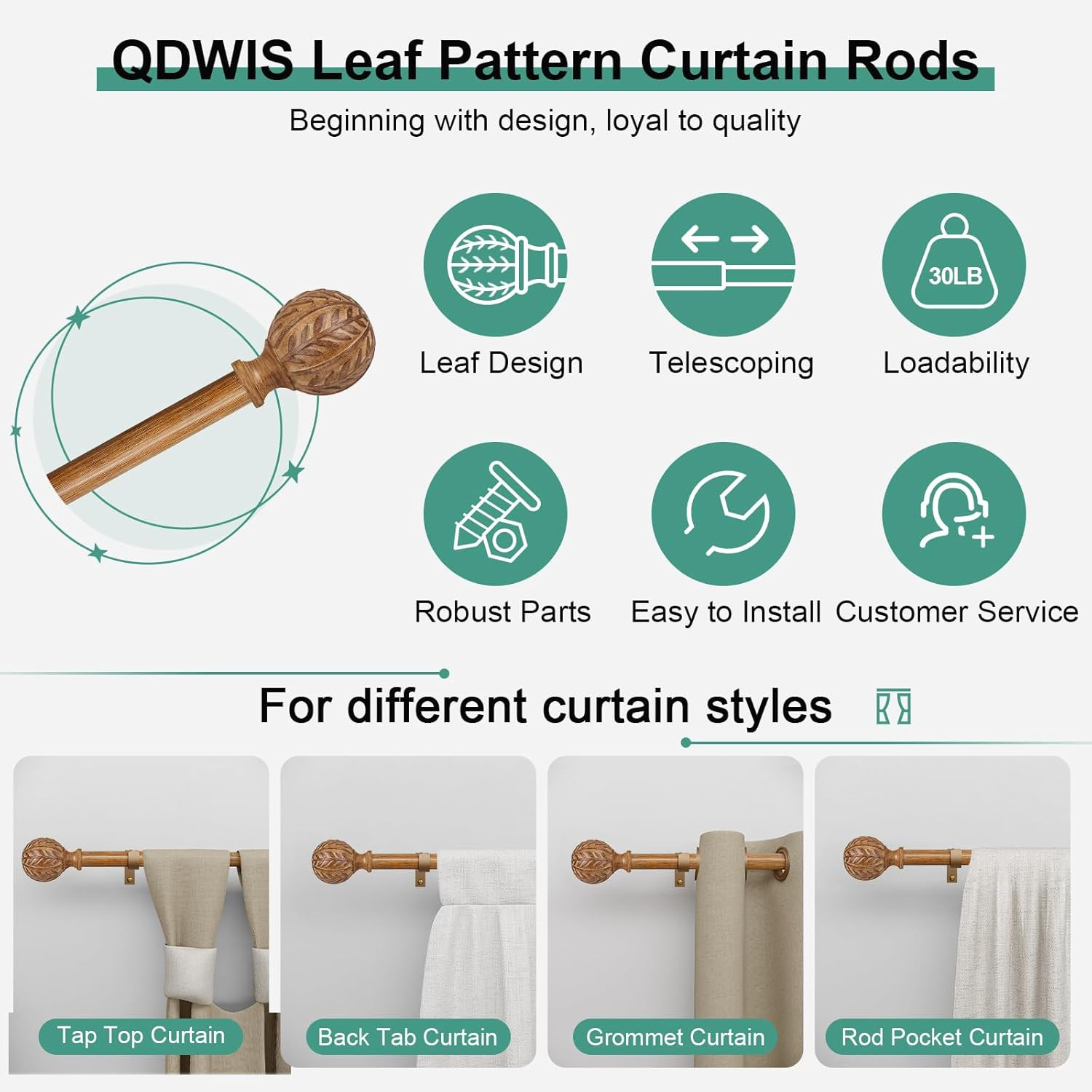 2 Pack Wood Curtain Rods for Windows 66 to 120 Inch, 1” Adjustable Decorative D