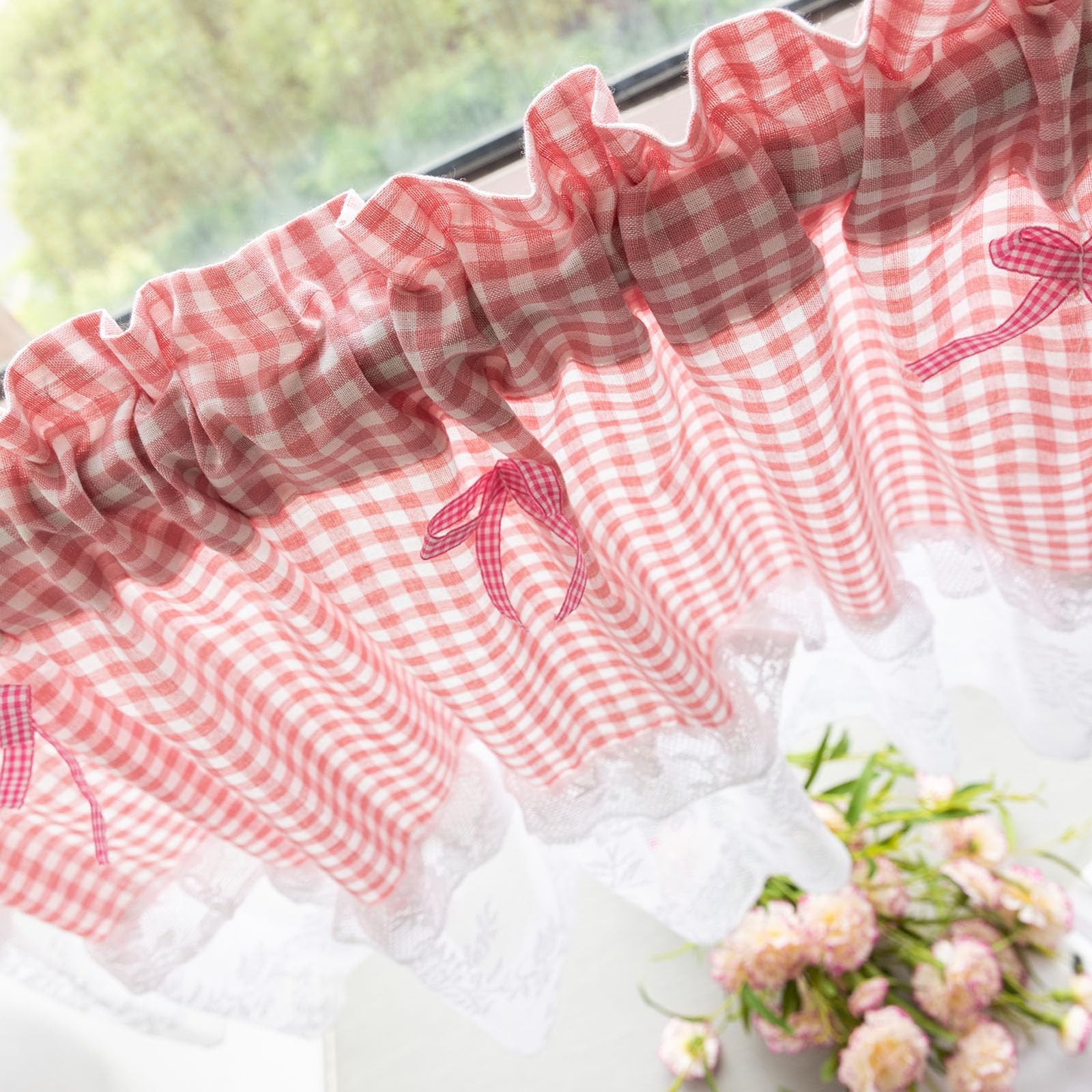 Pink and White Buffalo Check Plaid Window Valances Floral Lace Semi Sheer Kit…