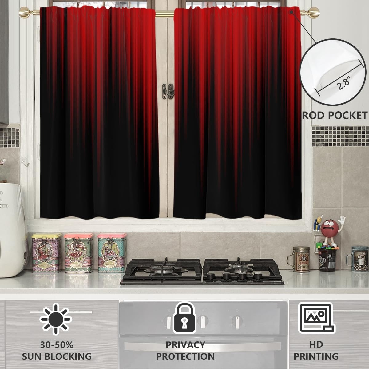 Red and Black Window Curtains for Kitchen Ombre Mens Gothic Abstract Gradient…