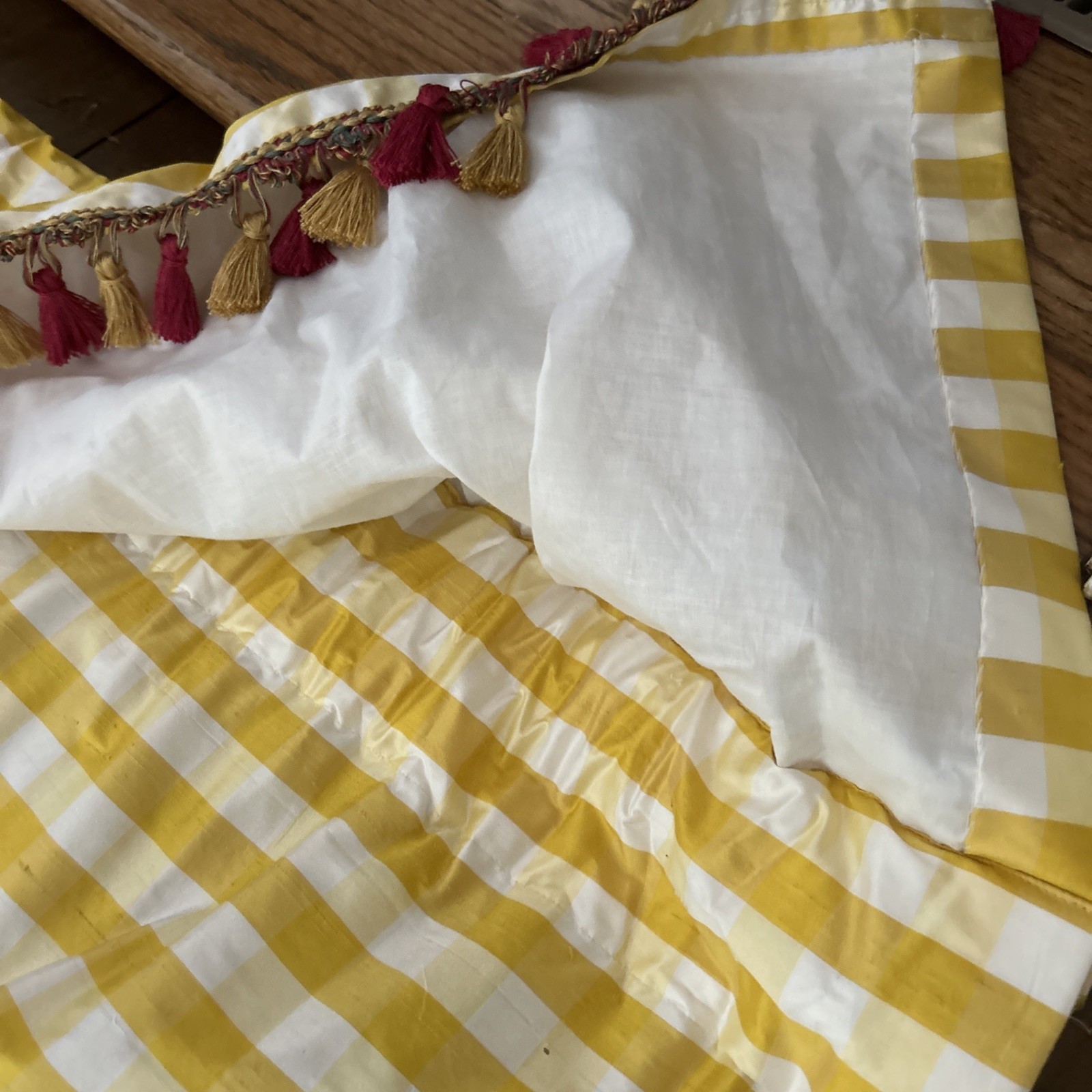 Pair Decorator Custom Made Striped Check Silk Taffeta Tassel Trim Lined