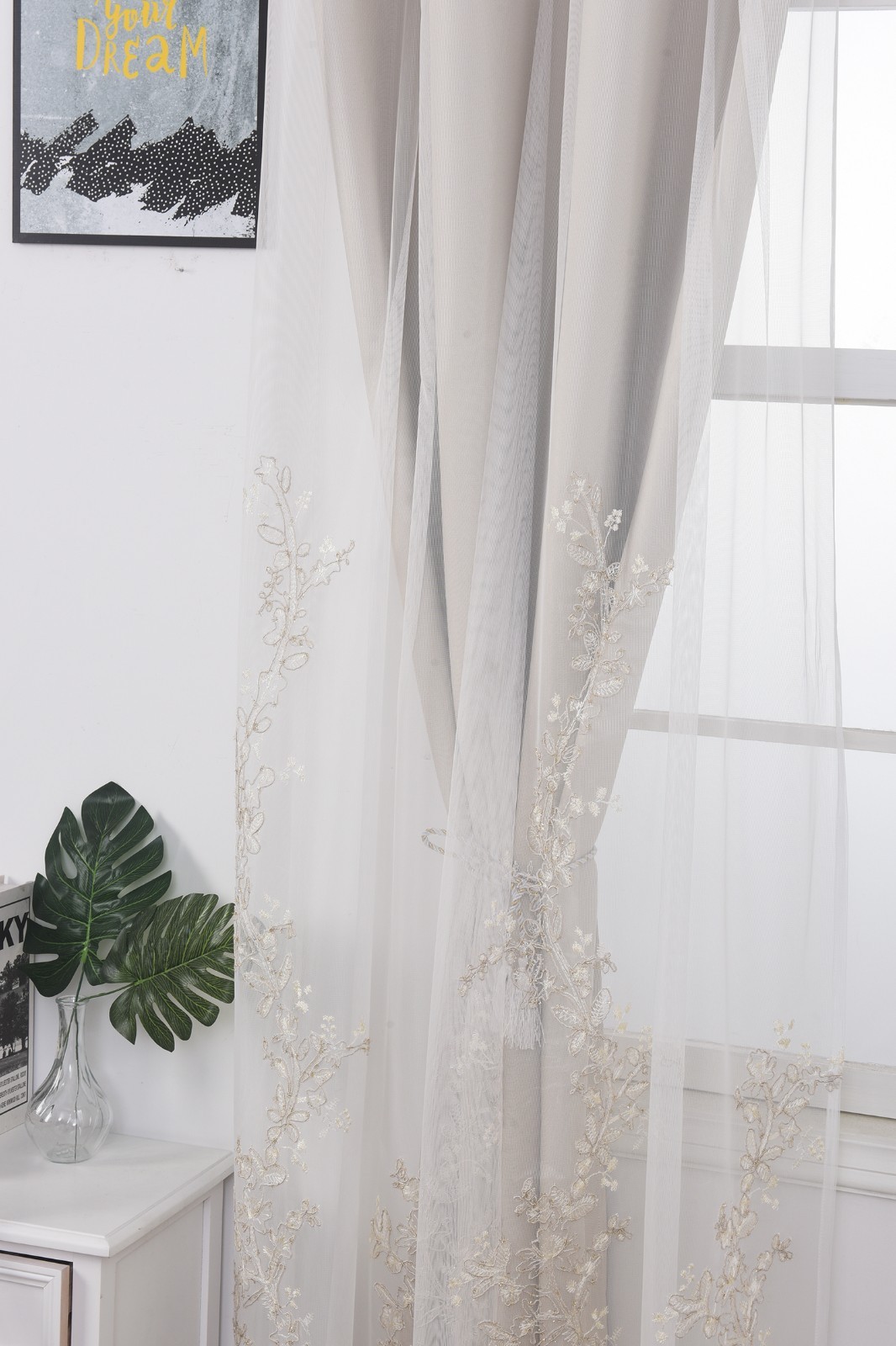 2 Panels 52x63inch Double Layer Curtains with Embroiered Sheer, Grommet Drapes