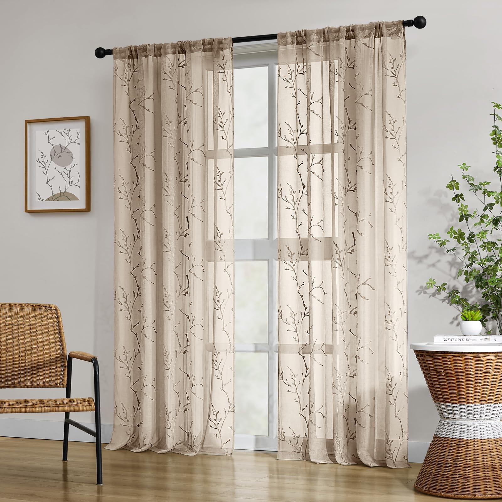 Taupe Sheer Curtains 52 X 84 Inches Length 2 Panels Embroidered Branch Patter…