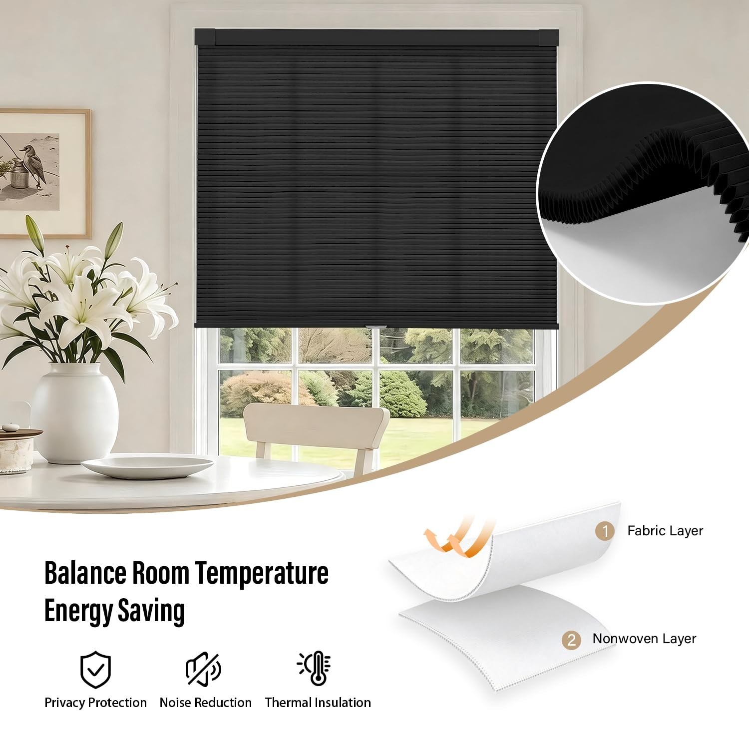 34×48 No Drill Cordless Light Filtering Cellular Shade – Black Window Covering