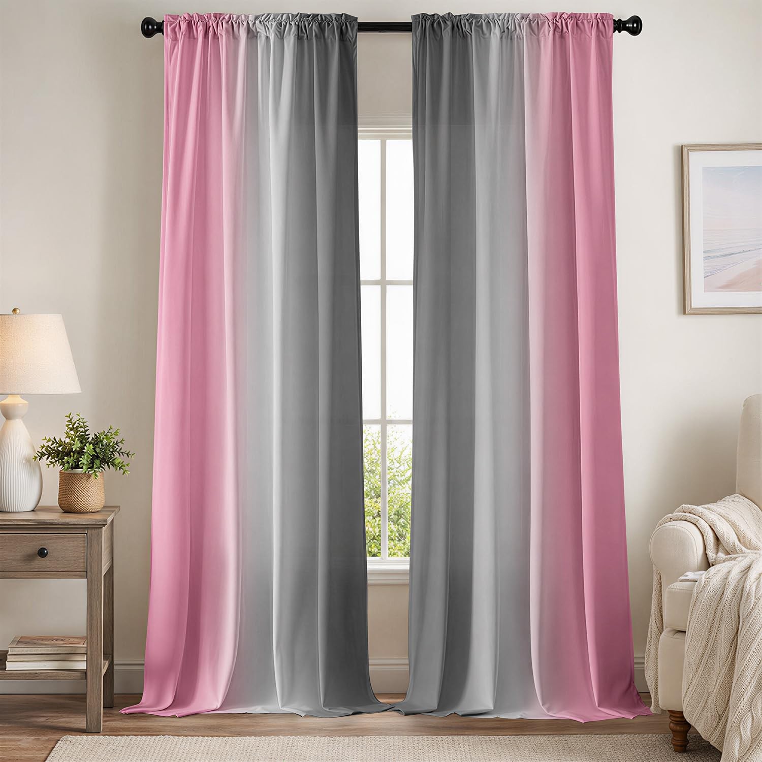 Pink and Grey Ombre Curtains 84″ Length, 2 Panel Set for Living Room and Bedroom