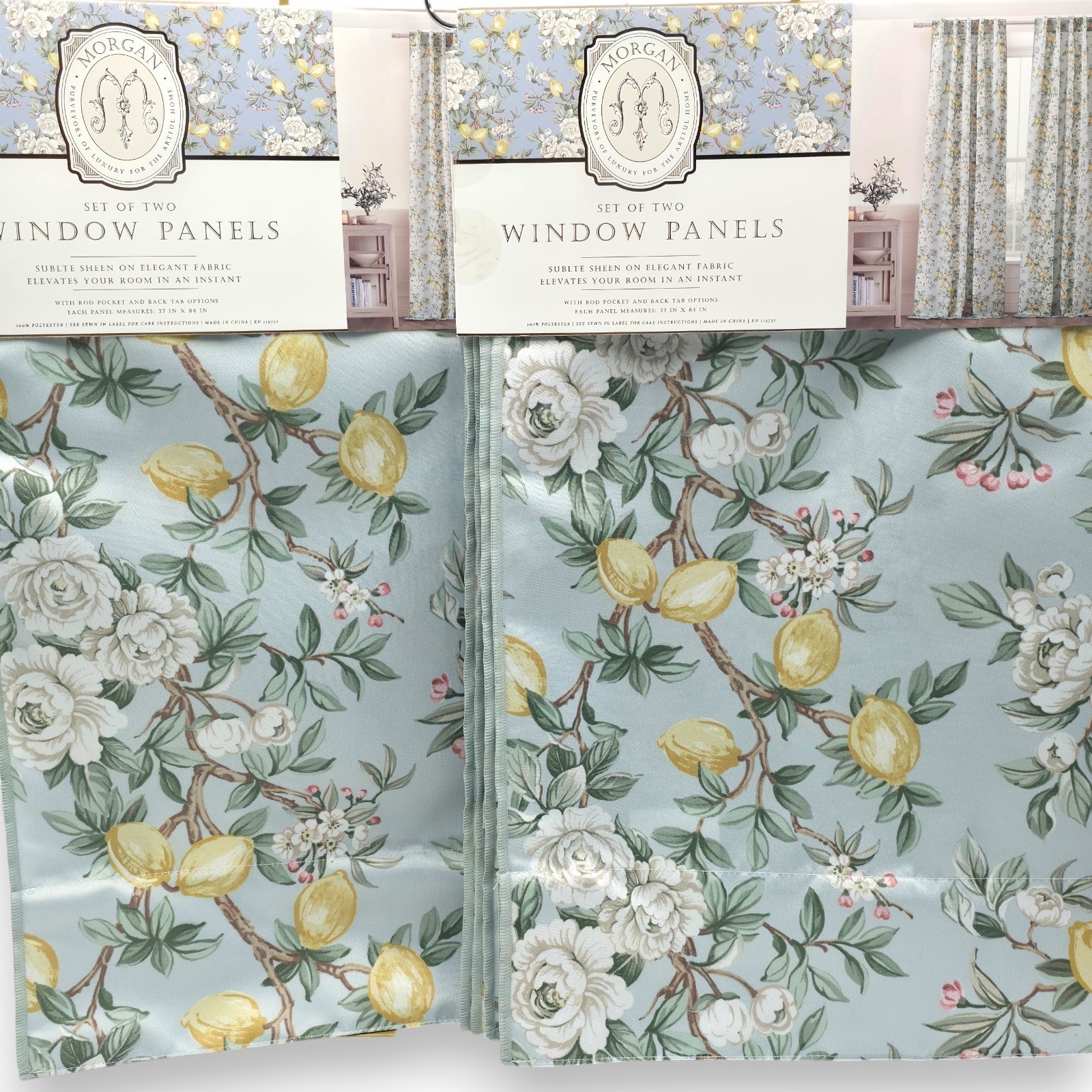 Lemon Floral Cottage Curtains Set of 4 Blue Botanical Farmhouse Drapes 50