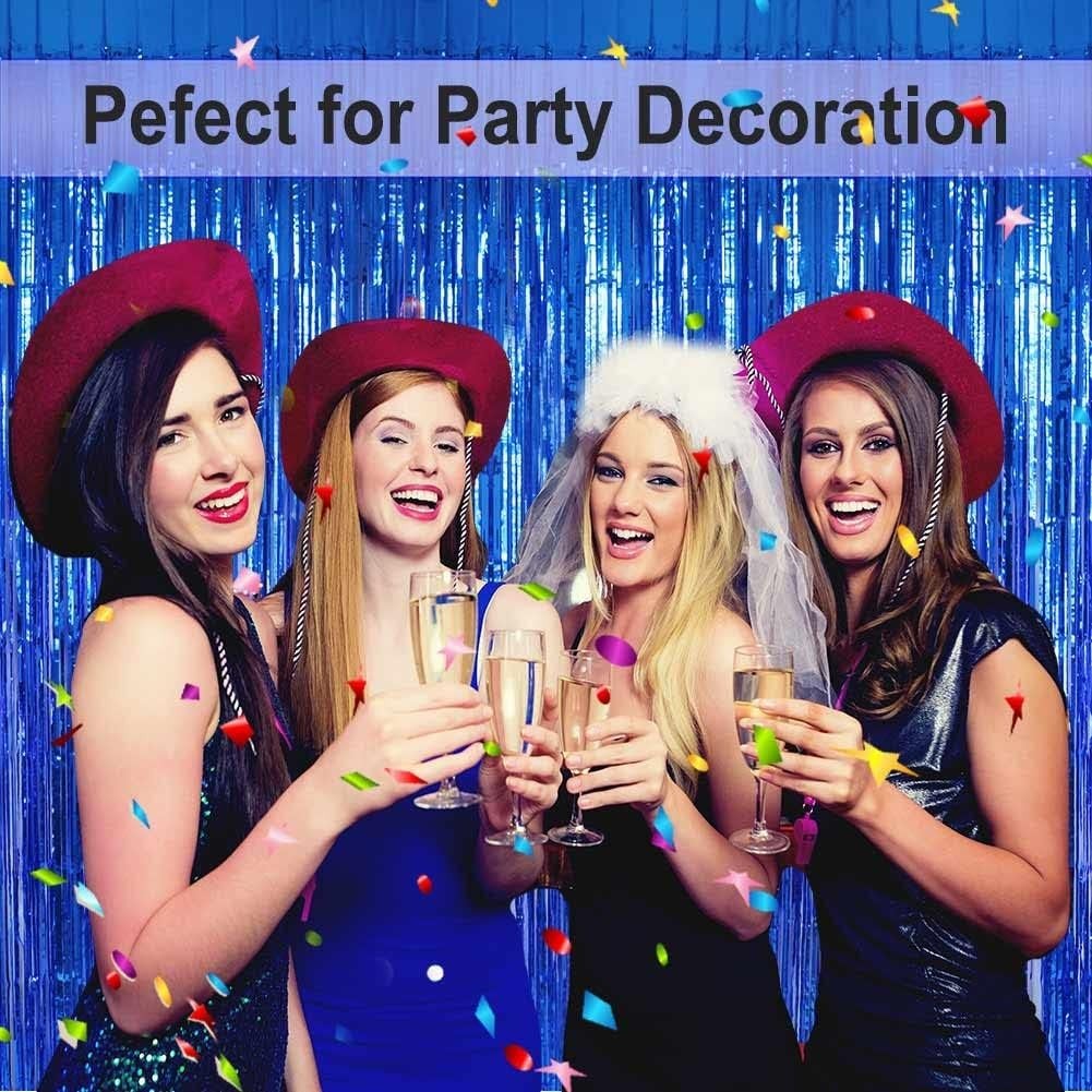 Blue Foil Fringe Curtain- 4 Pack of 3.2×8.2ft Blue Streamers Backdrop Curtain…