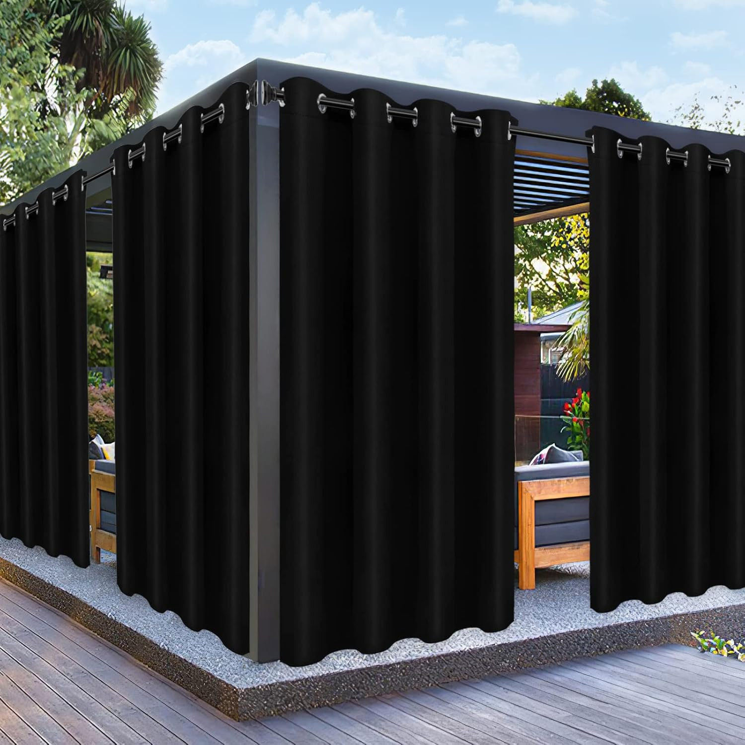 Cortinas exteriores impermeables de 52 x 84 negro 1 panel para patio gazebo