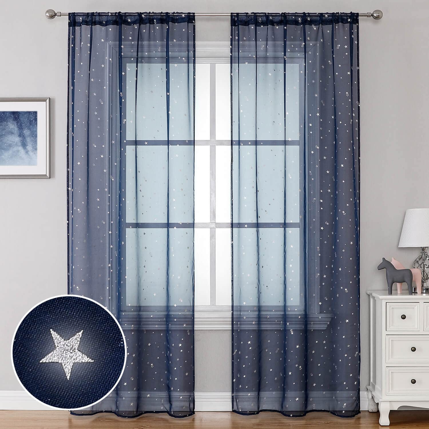 Star Sheer Curtains for Room Set of 2 Panels 63 Inch Length, Blue Starry Moon…