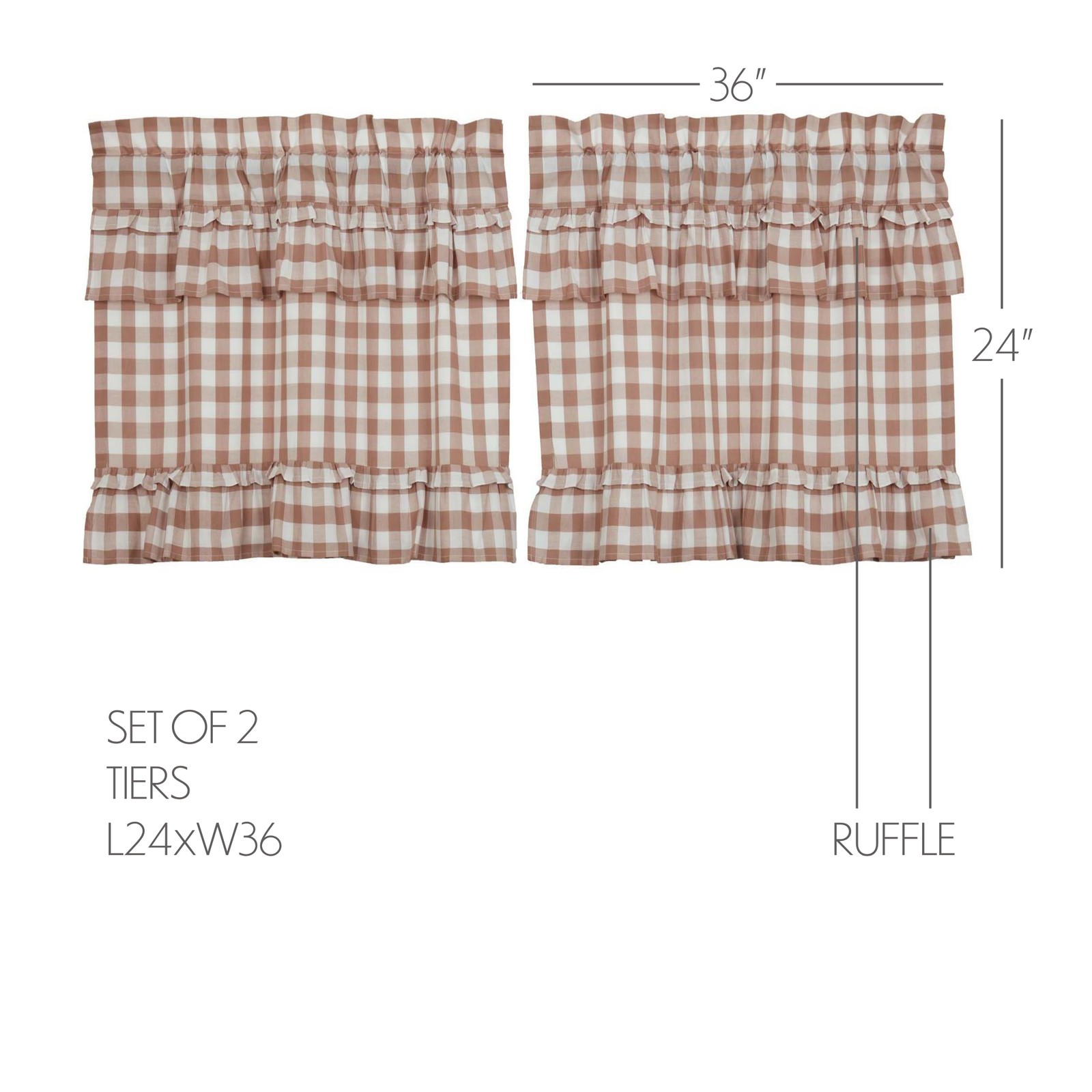 Farmhouse 24″x36″ Tier Pair Brown Rod Pocket Kitchen Window Curtains VHC Brands