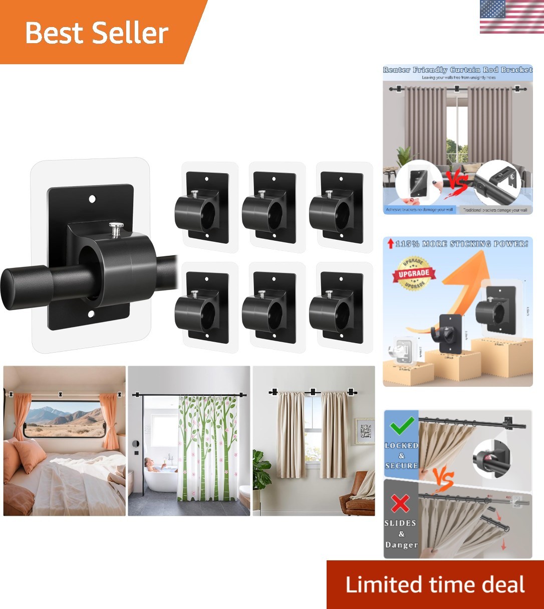 6PCS No Drill Curtain Rod Brackets,Self Adhesive Curtain Rod Holder No Drilli…