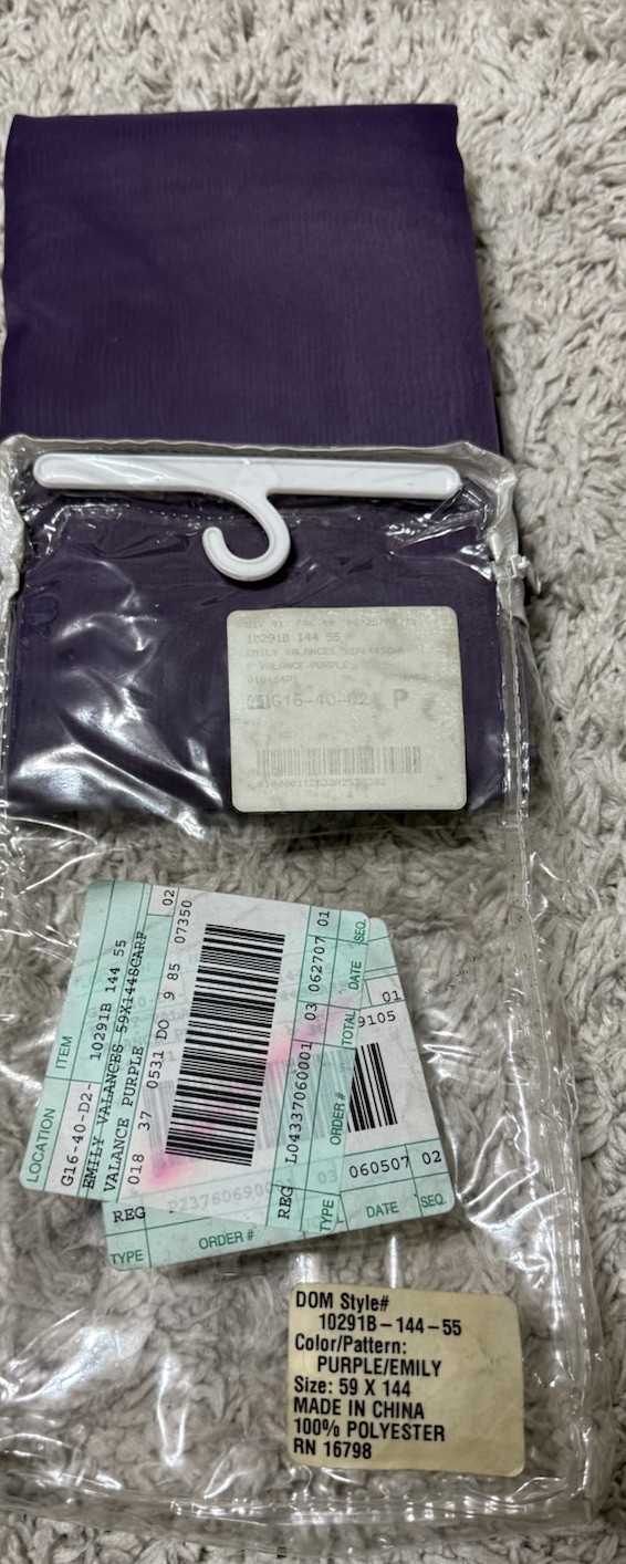 Purple “Emily” Window Scarf Valance Topper Curtain New In Package 59×144 Sheer