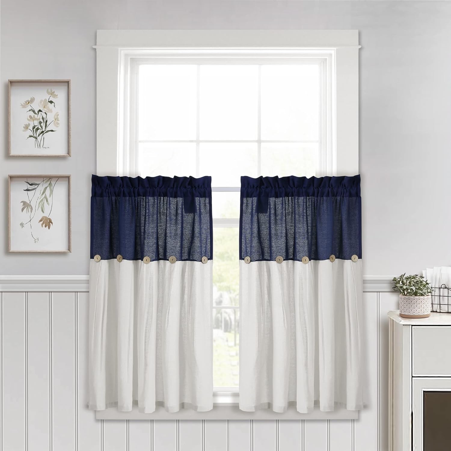 Button Farmhouse Kitchen Curtains Tier Set 29″W x 36″L Dark Linen Linen
