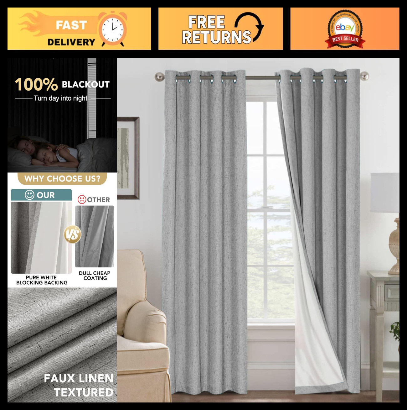 Linen Blackout Curtains 96″ Long, Thermal Insulated Drapes, 2 Panels, Dove Gray