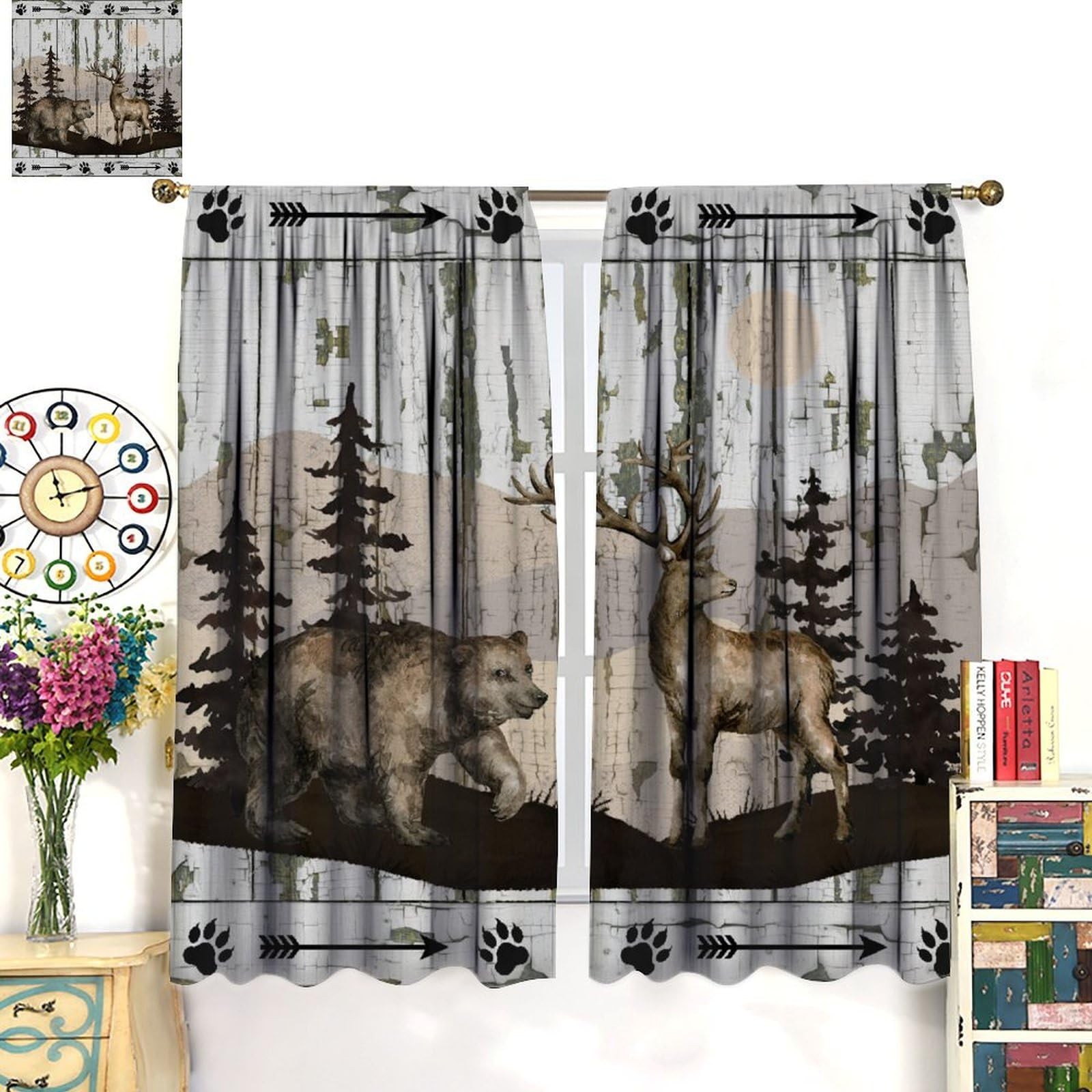 Wild Bear Deer Curtains, Rustic Cabin Country Farmhouse Wooden Barn Door Wild…