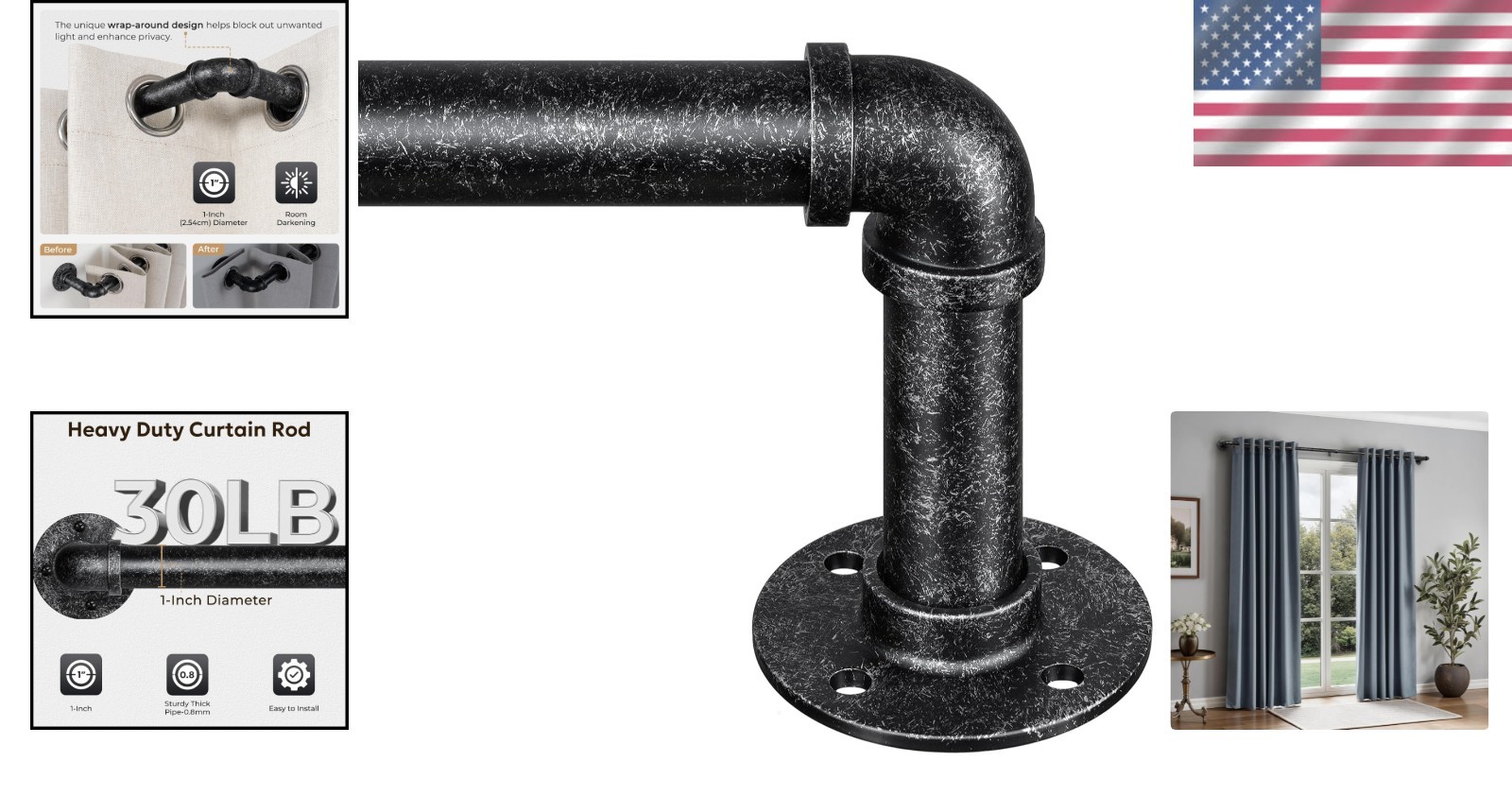 1 Inch Vintage Black Curtain Rod, 66″-120″ Industrial Design