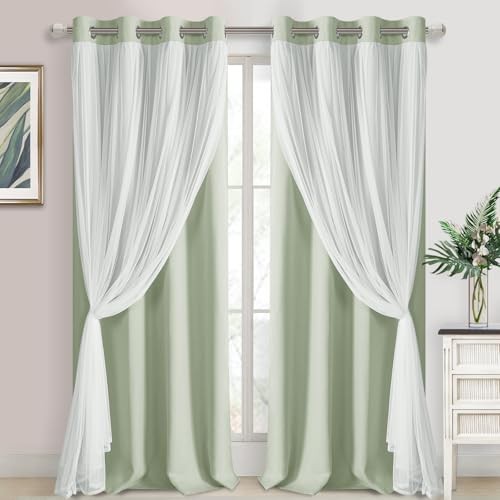 Layered Curtains for Living Room Blackout and 52″W x 96″L (Pack of 2) Seafoam