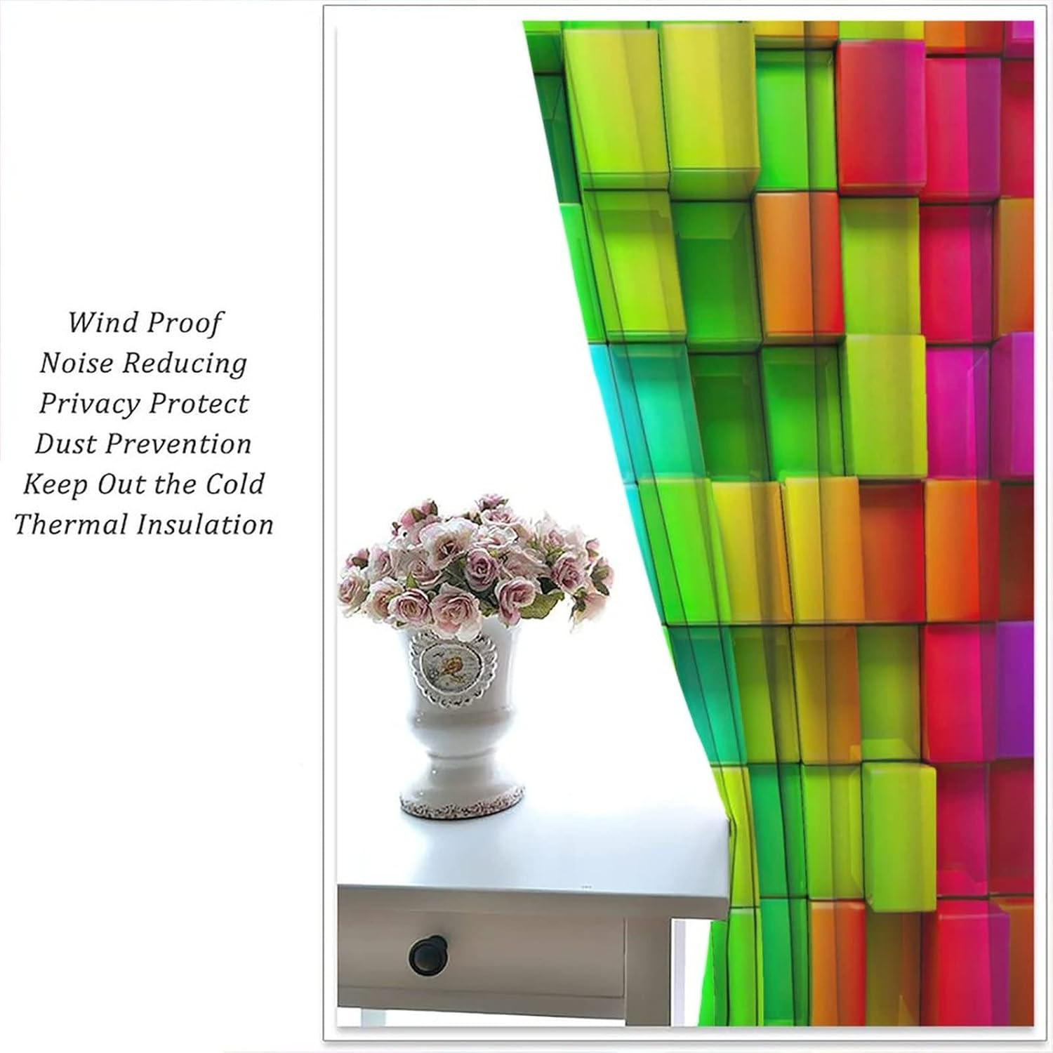 Colorful Brick Wall Blackout Window Curtains, Rainbow Geometric Abstract Neon 3