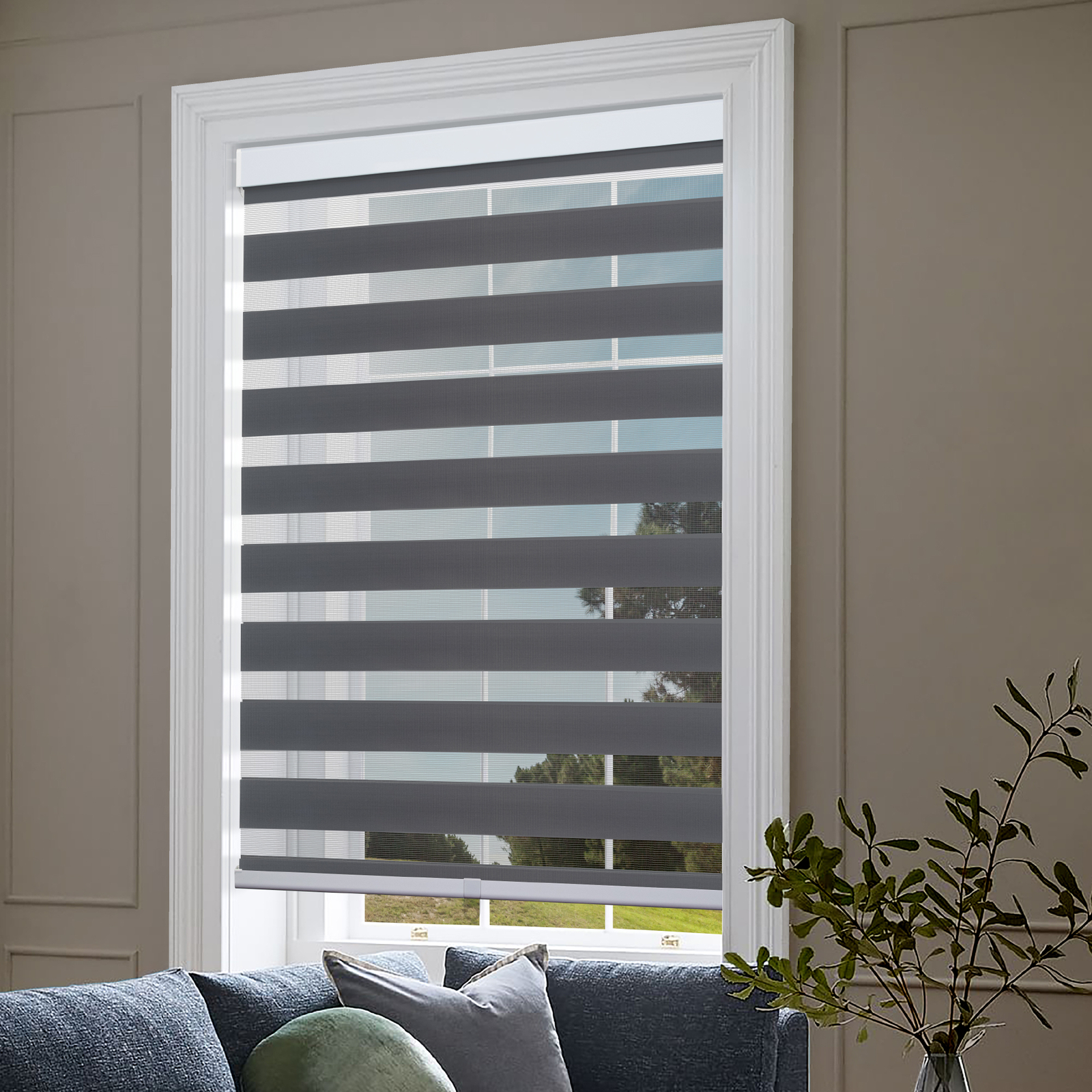 Cordless Zebra Roller Blinds Sheer Shades, Sheer or Privacy – Gray, 46″W X 72″H