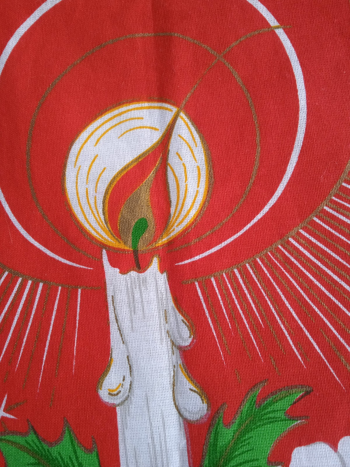 Vintage Christmas Red Cotton Valance with Candle & Flower Pattern Made in Brazil