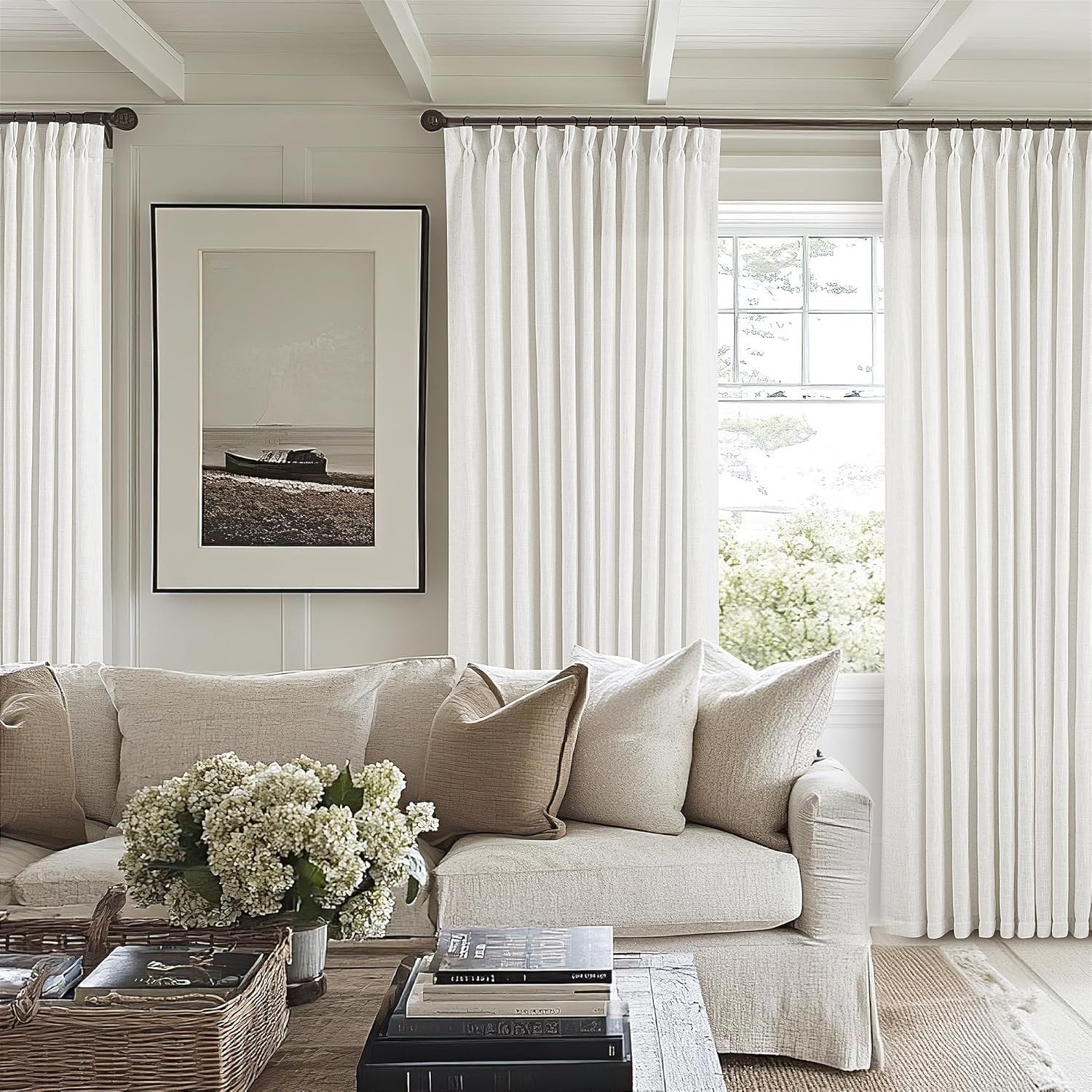 Pinch Pleated Linen Curtains 96 Inch Light Filtering Drapes 2 Panels Neutral