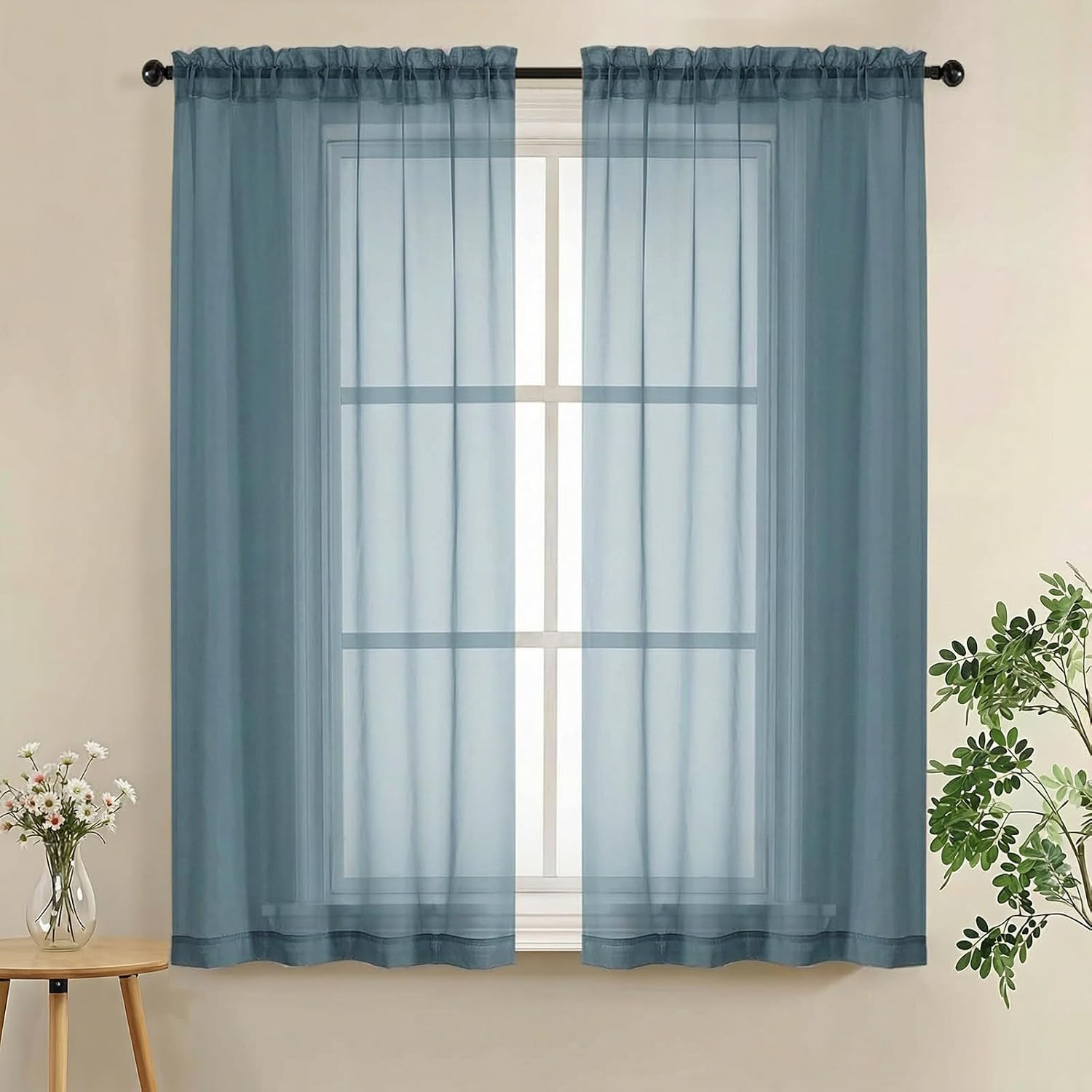 Dusty Blue Sheer Curtains 54 Inch Length for Bedroom – Light Filtering Short Cur