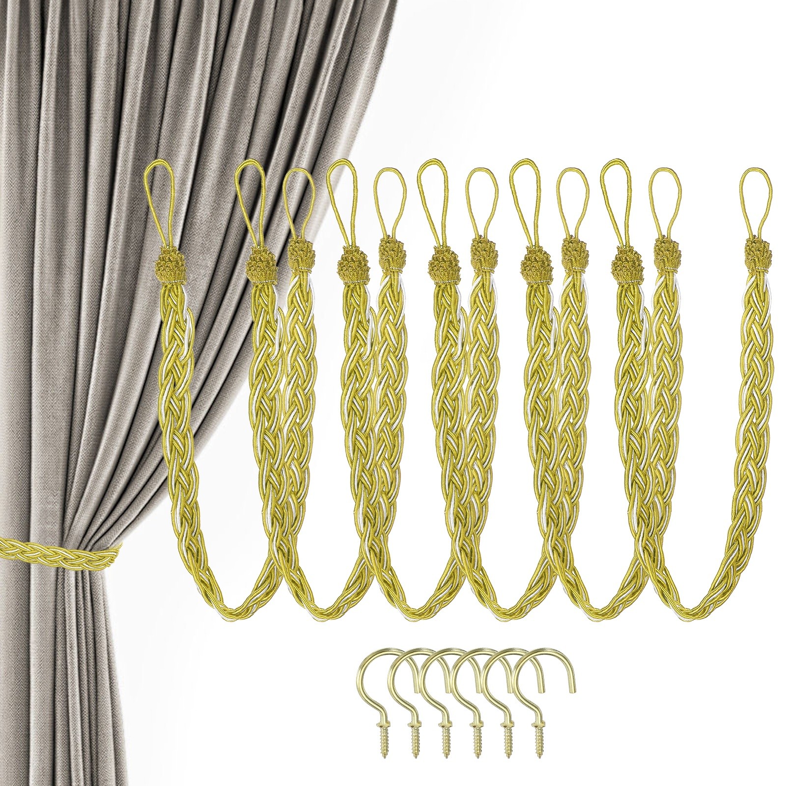 6 Pack 23″ Curtain Tiebacks Curtain Tie Backs Braided with Hook Gold Tone