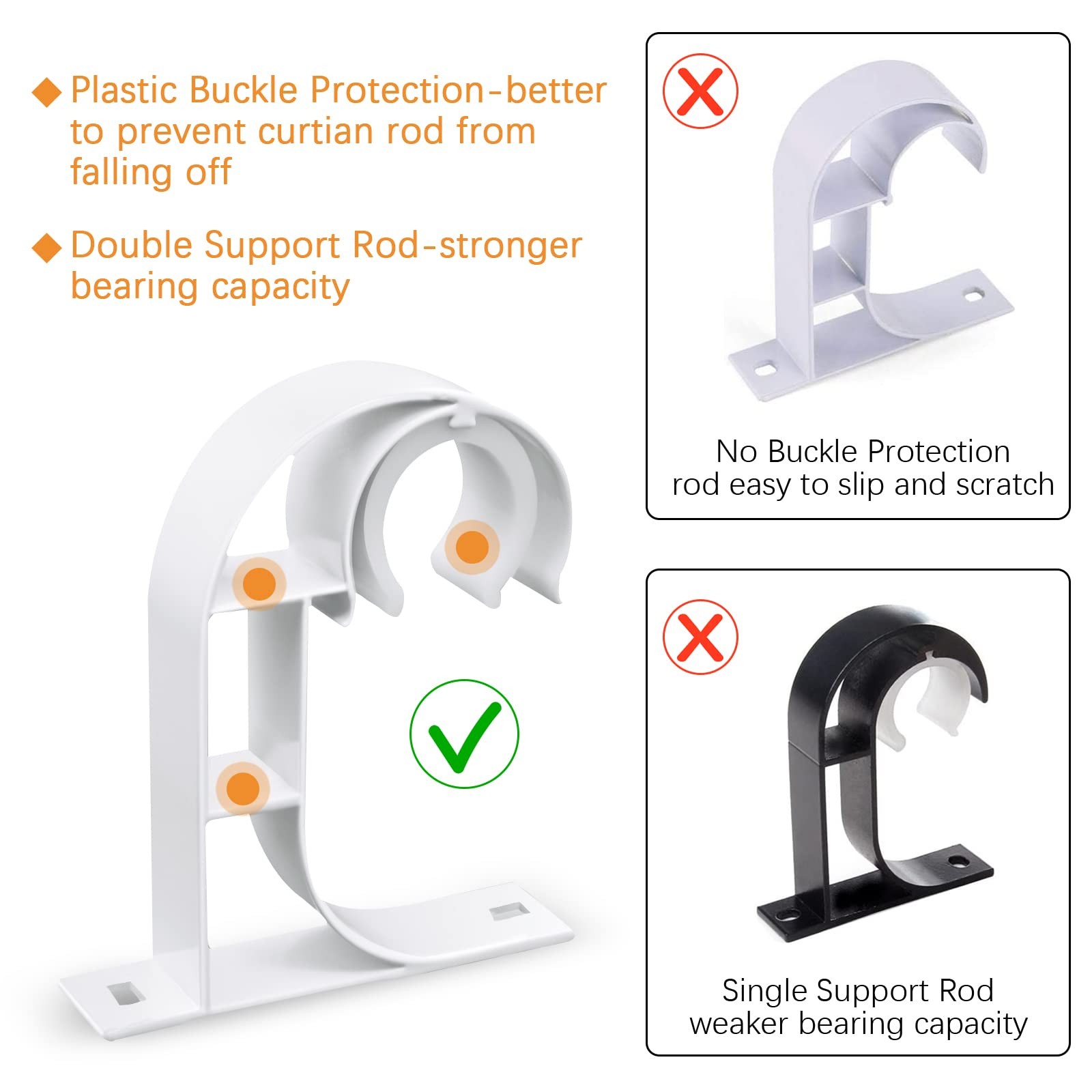 4 PCS Ceiling Curtain Rod Holder Heavy Duty Brackets White Hooks 1 Inch Poles