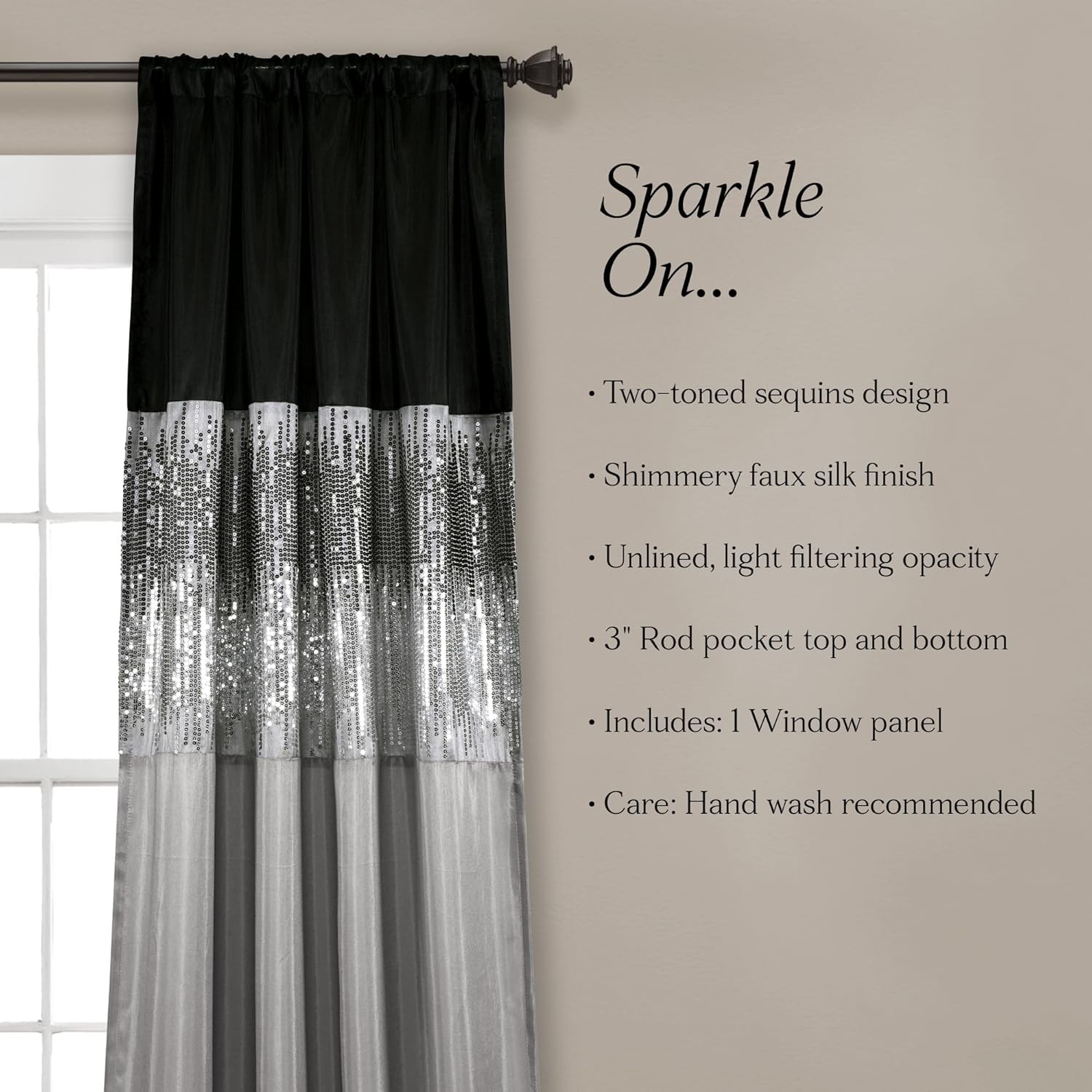 Night Sky Window Curtain Panel, Single, 42″ W x 108″ L, Black & Gray – Sequin