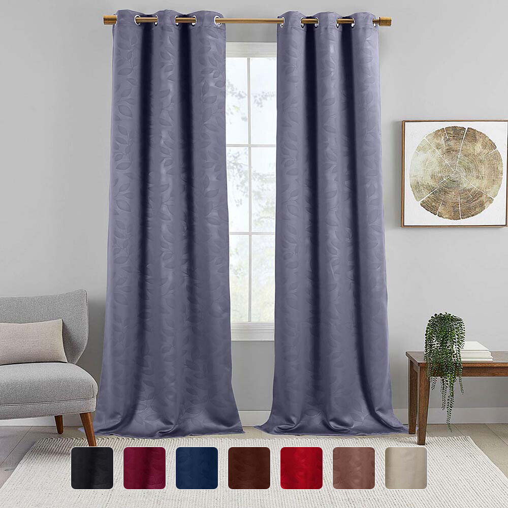 Set of 2 Virginia Blackout Leafy Weave Curtains Modern Grommets Curtain Panels