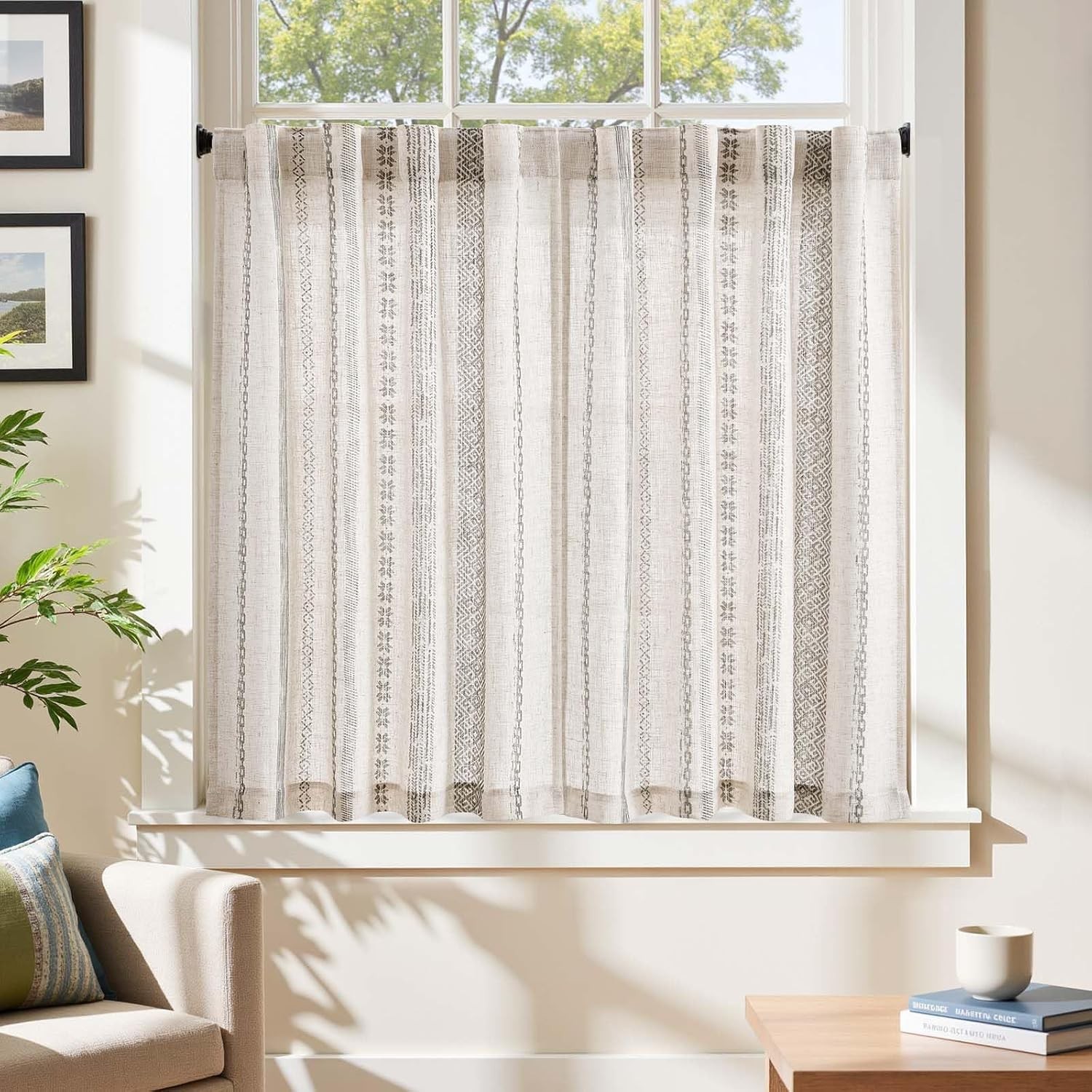 Liora Grey Boho Linen Tier Curtains 36 Inches Back Tab 2 Panels Light filtering