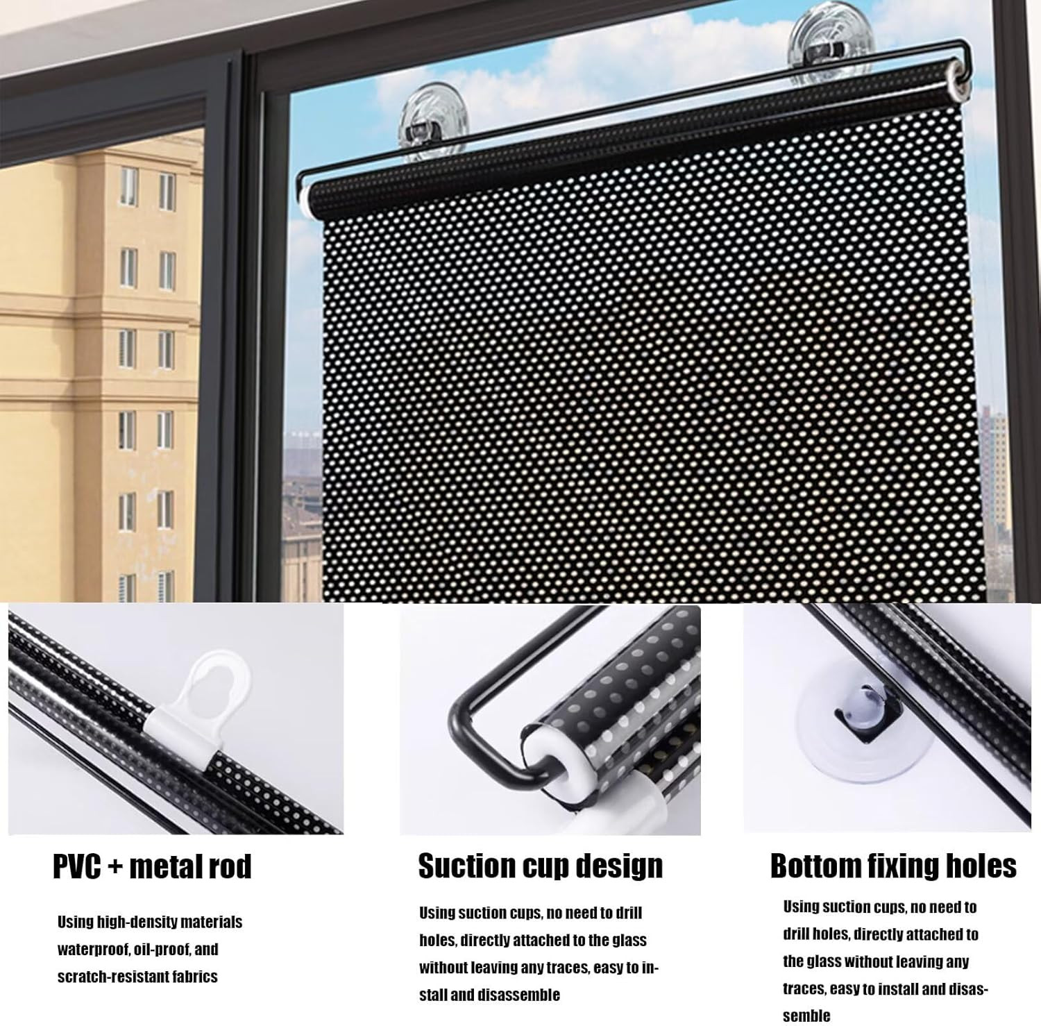 No Drilling Retractable Roller Window Shades W/3 Suction Cups, Blackout Blind…