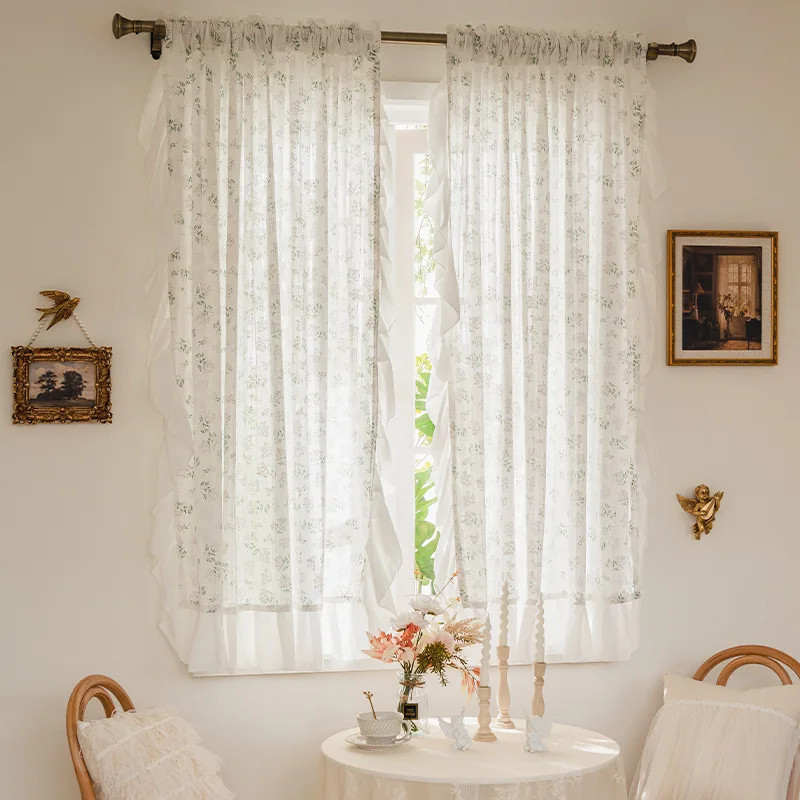 Korean Ruffle Daisy Curtains Road Pocket Shade Curtain Floral for Kitchen Bedroo