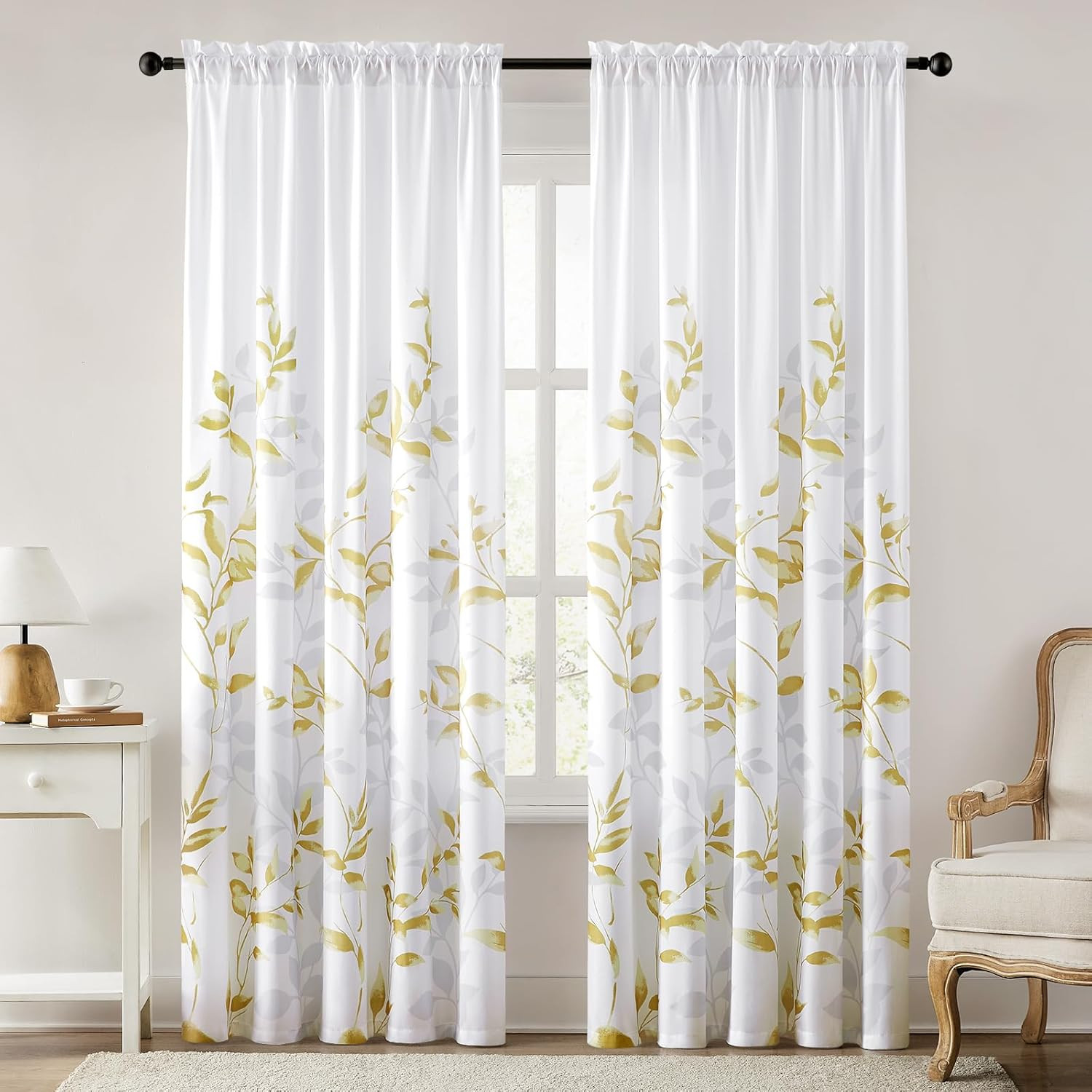Non-See-Through Gold and White Privacy Sheer Curtains 52 X 84 Inch Length 2 Pane