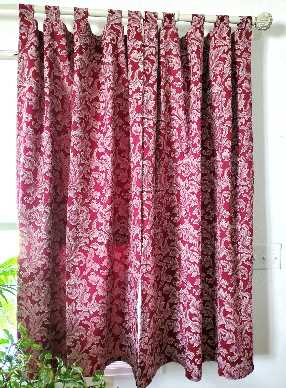 Burgundy Jacquard Drapes/Curtains VTG Handmade 2 Panels-Tabs-Ornate-Scroll *Nice
