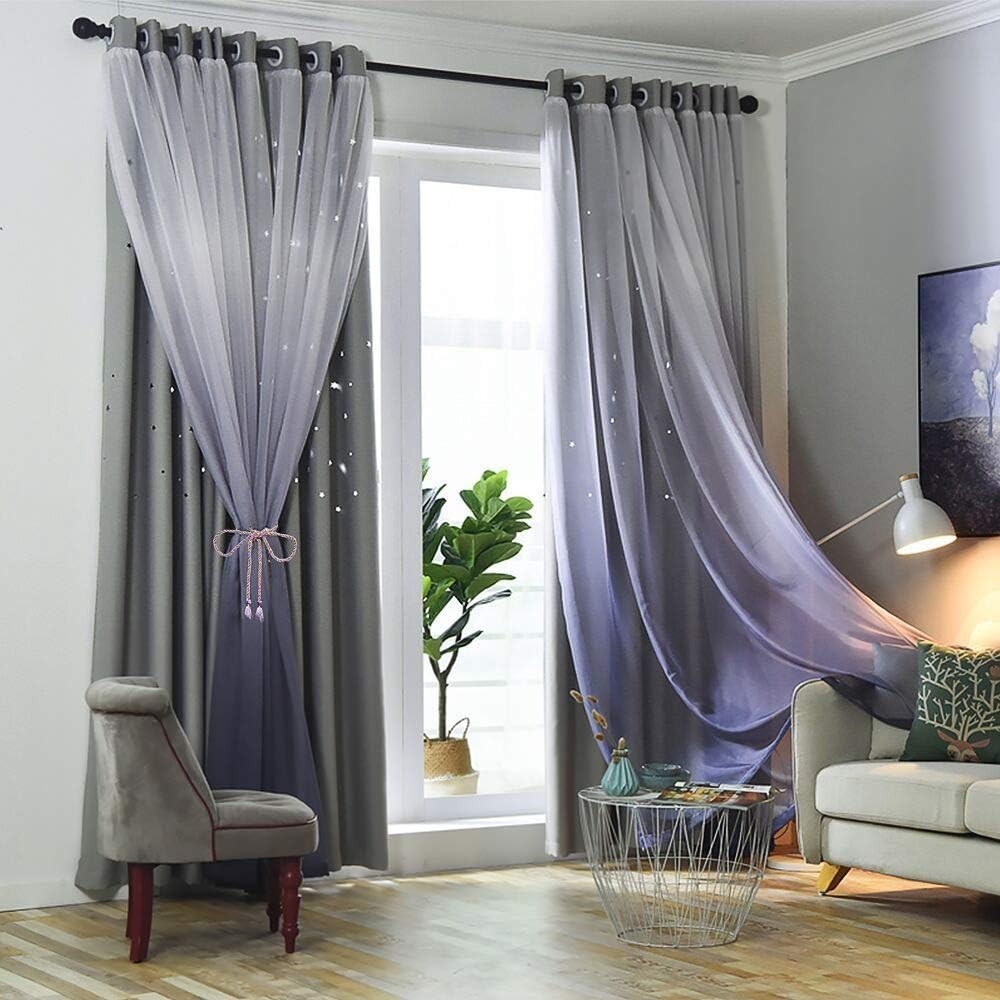 CURTAINS STAR HOLLOW OUT BLACKOUT GREY WHITE PURPLE OMBRE BEDROOM – 4 PANELS