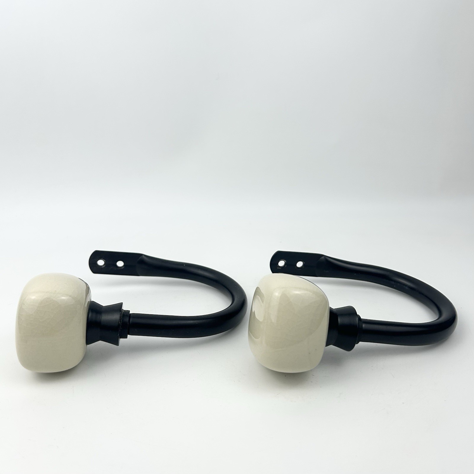 2 Black and Cream Ceramic Square Geometric Knob Curtain Holdbacks #2