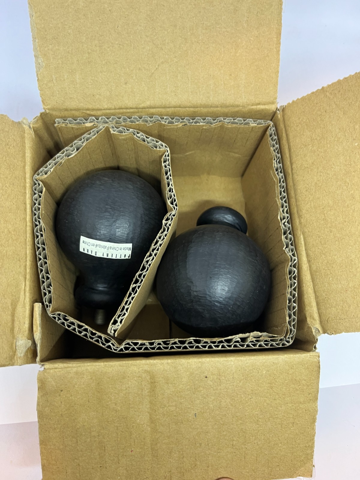 Pottery Barn Cast Iron Black Ball Finial Set of 2 for 1.25” Rod New Open Box NOB